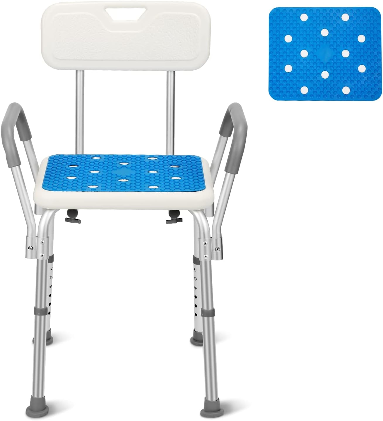 Tubiaz Store M1-GGP8887c Shower Stool with Armrest, Backrest, Non-Slip Bath Seat and Seat Cushion, Shower Stool, Height Adjustable 41-53.5 cm, Shower Chair up to 136 kg for Older People Pregnant Women