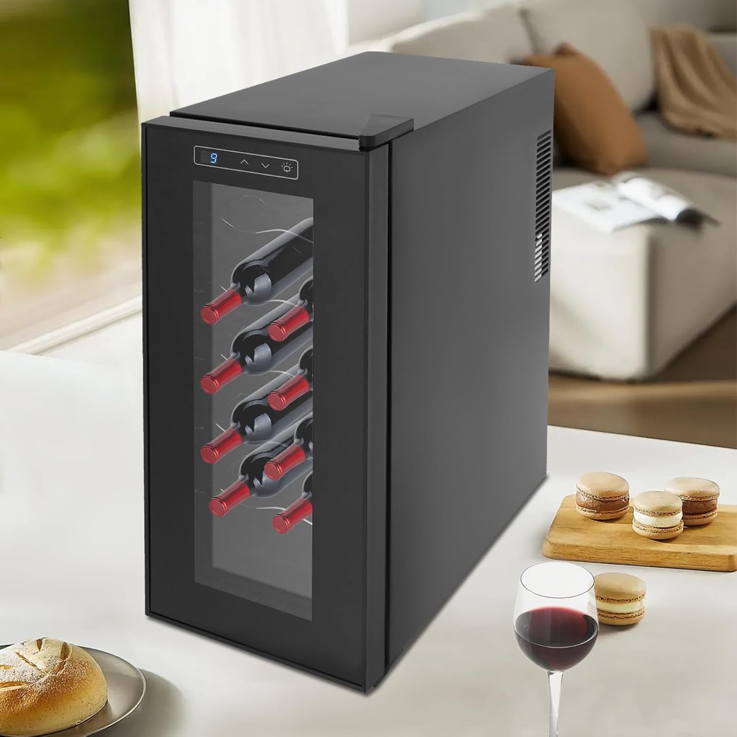12 Bottles 33 Litre LED Lighting Wine Fridge Small Slim Wine Cooler Freestanding Mini Fridge Glass Door Wine Cabinet for Indoor/Outdoor Use Temperature Adjustable from 12-18°C