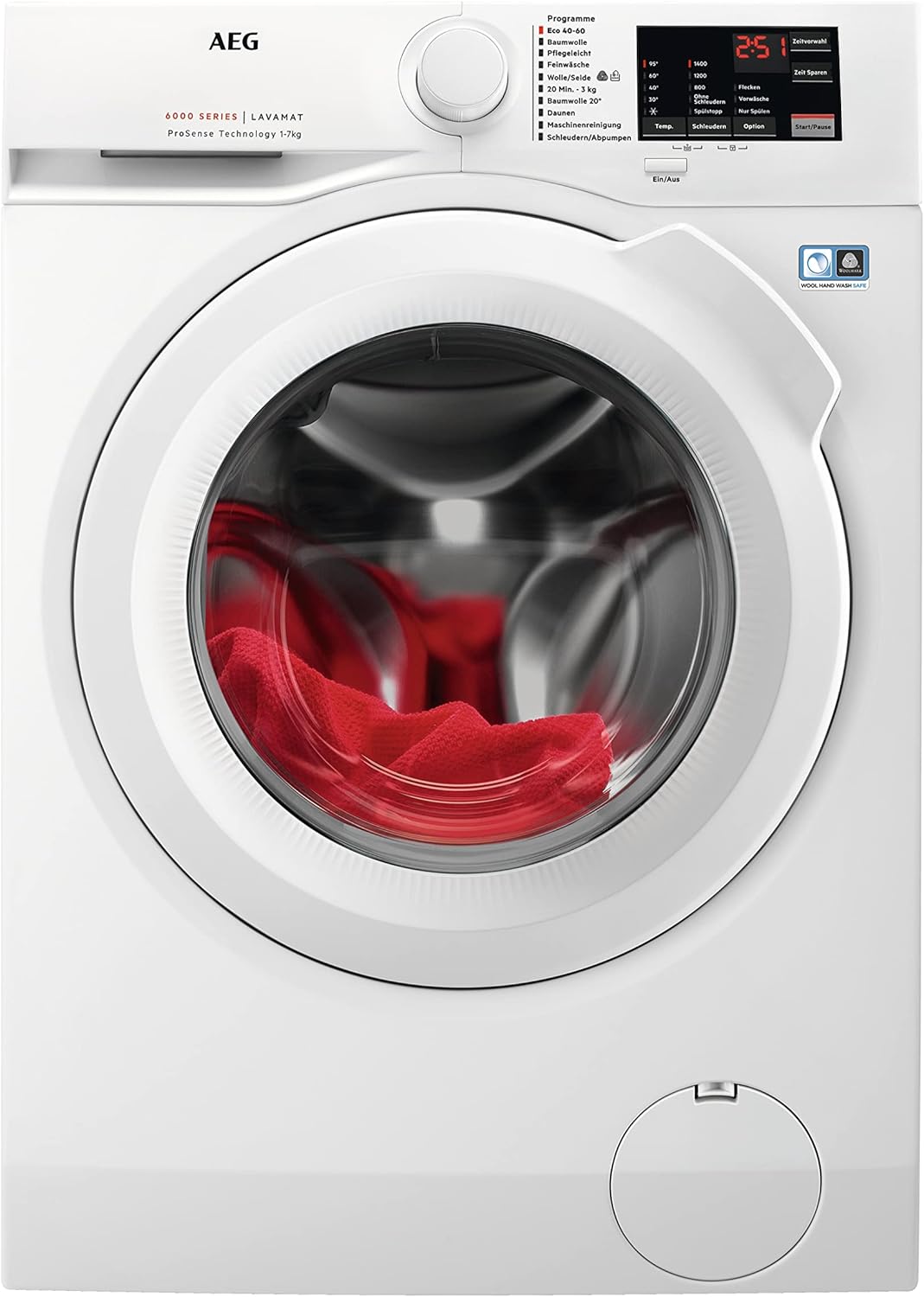 AEG Washing Machine, 7 kg, Series 6000 ProSense - Automatic Volume - Smart Load Detection, A, Refill Function, Quiet, Inverter Motor, Water Stop, 1400 rpm, L6FBG51470