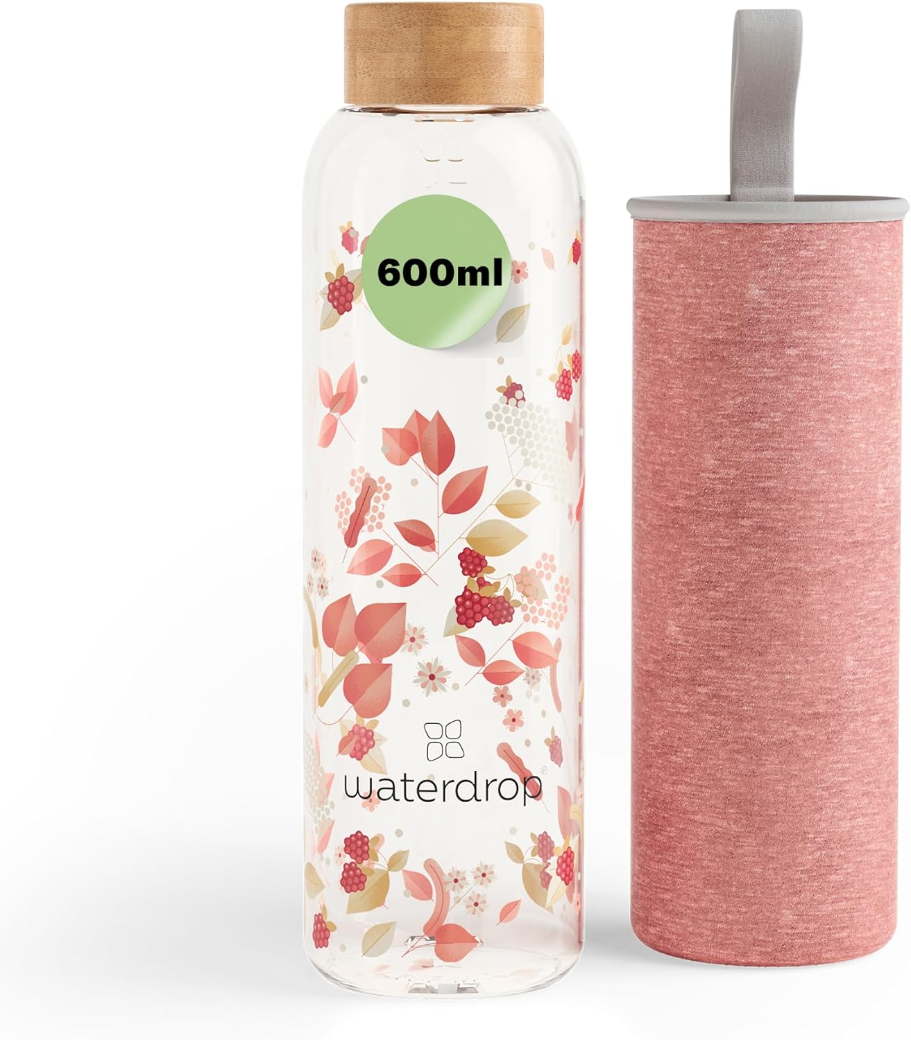 Waterdrop® Edition Glass Bottle, 600 ml, Leak-Proof, Suitable for Carbonated Drinks, BPA-Free Water Bottle incl. Neoprene Case, Dishwasher Safe, Lightweight Borosilicate Glass Bottle