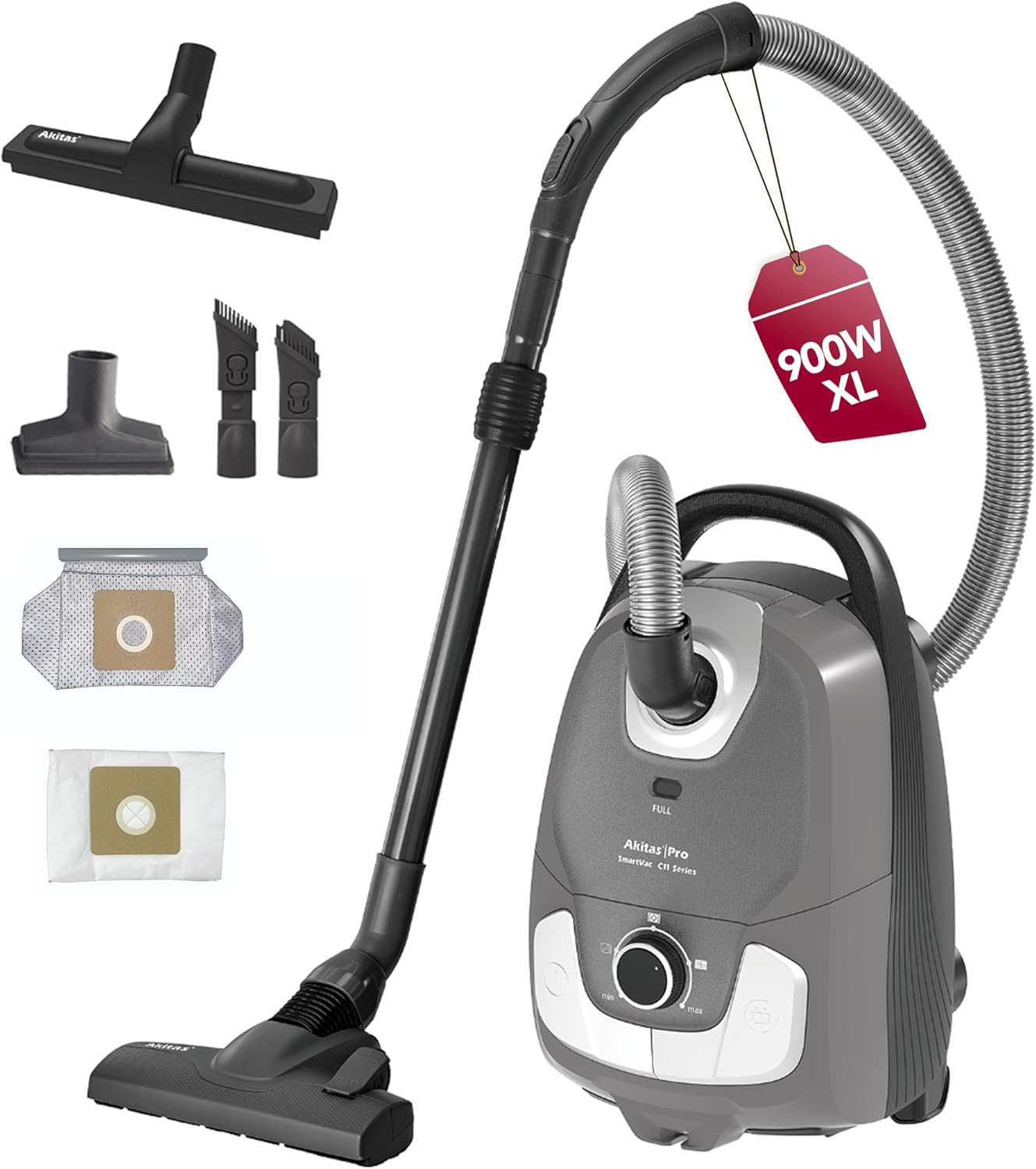 Akita's C11 900W bagged vacuum cleaner – 7m power cord, extra pack of brush heads, adjustable suction power, for hard floors & carpets