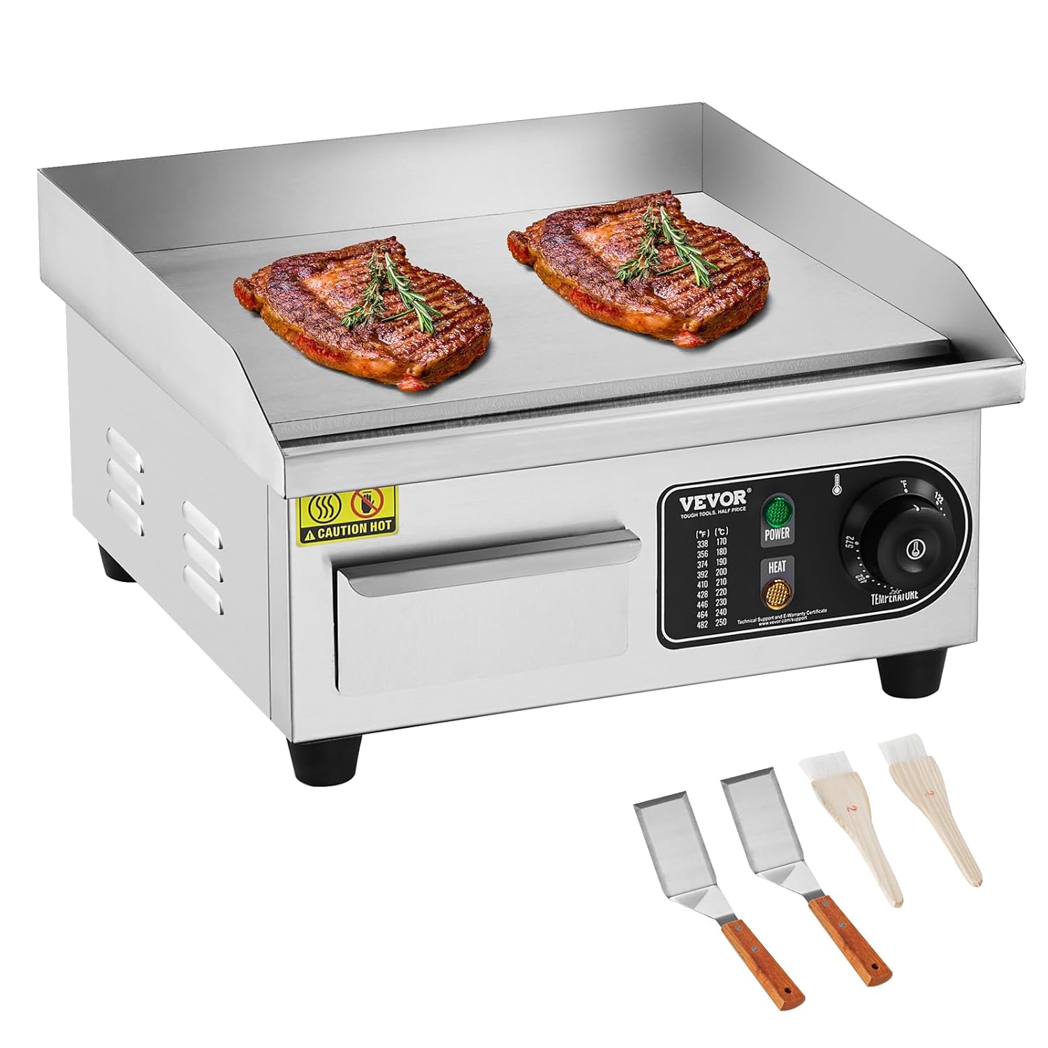 VEVOR Commercial Electric Grill, 2000W Flat Grill Plate for Countertop, Adjustable Temperature from 50-300°C, Stainless Steel Grill Plate with 2 Scoops and 2 Brushes for Restaurant