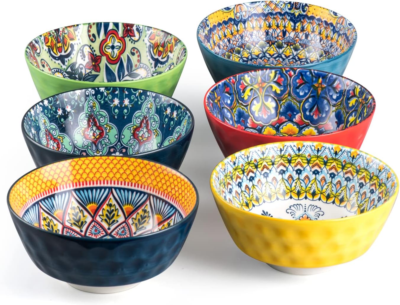 HENXFEN LEAD Dessert Bowls, Soup Bowls, 750 ml, Porcelain Salad Bowl, Ceramic Bowl for Ice Cream, Rice, Dessert, etc., Colourful, Pack of 6 - Bohemian Style
