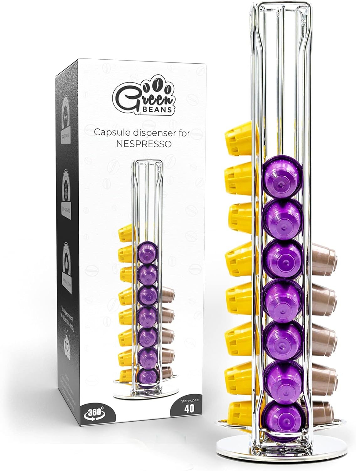 Green BEANS Capsule Holder Compatible with 40 Nespresso Capsules - Coffee Capsule Stand Chrome-Plated - Rotates 360°