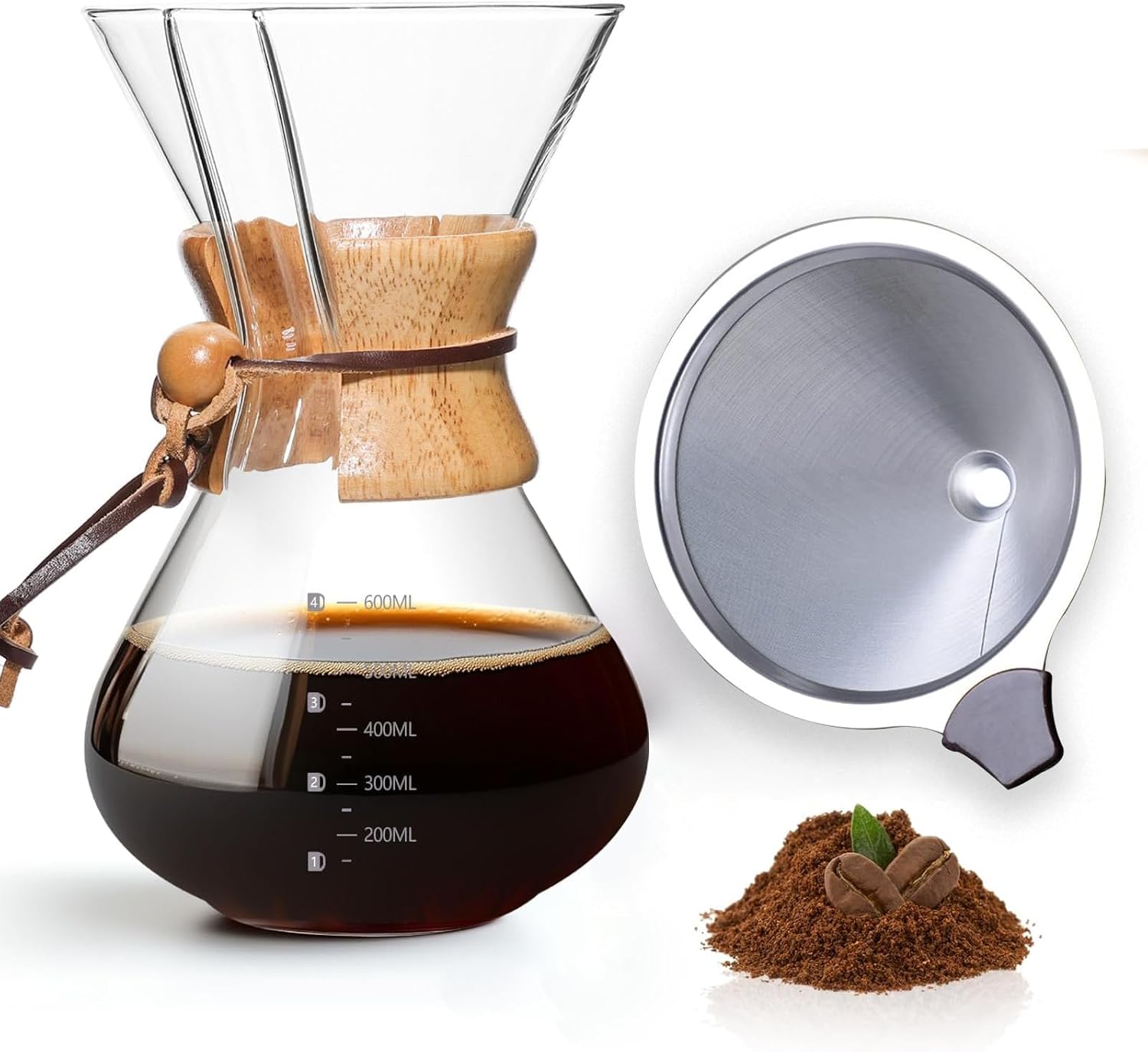 LMSAWK Ilter Coffee Maker with Permanent Filter, Glass Coffee Dripper Brewer, Dishwasher Safe, 5 Cups, 600 ml