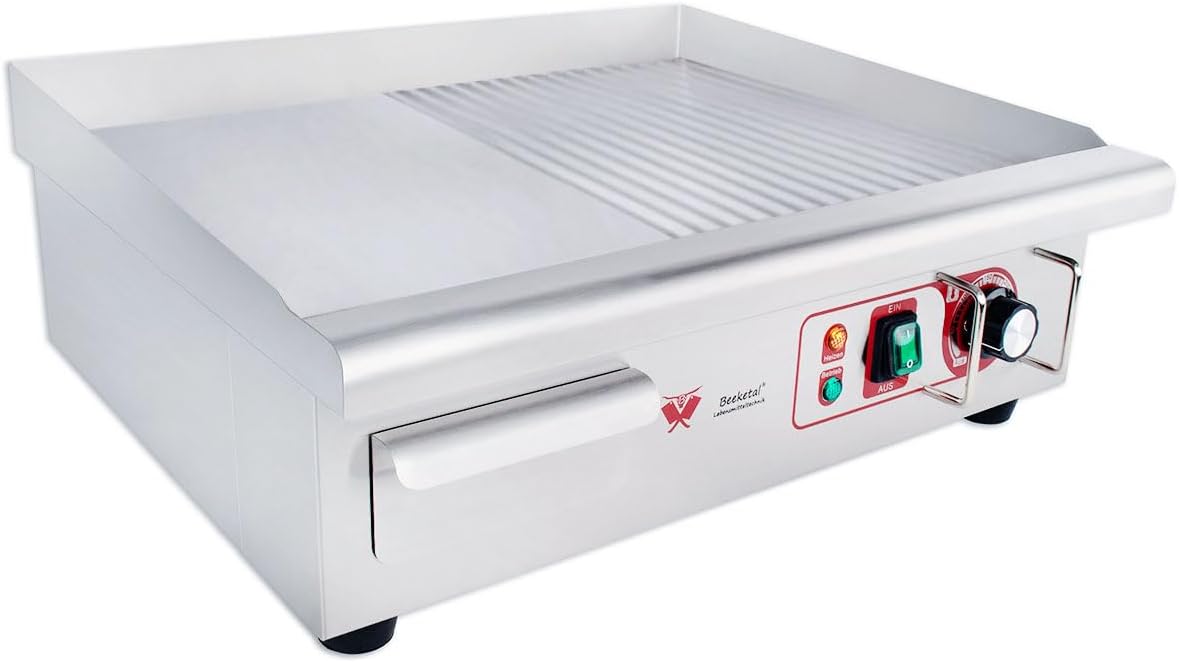Beeketal professional cast iron grill plates, electric, temperature infinitely adjustable 50-300 °C, stainless steel catering table, electric grill with splash guard and large fat collection container