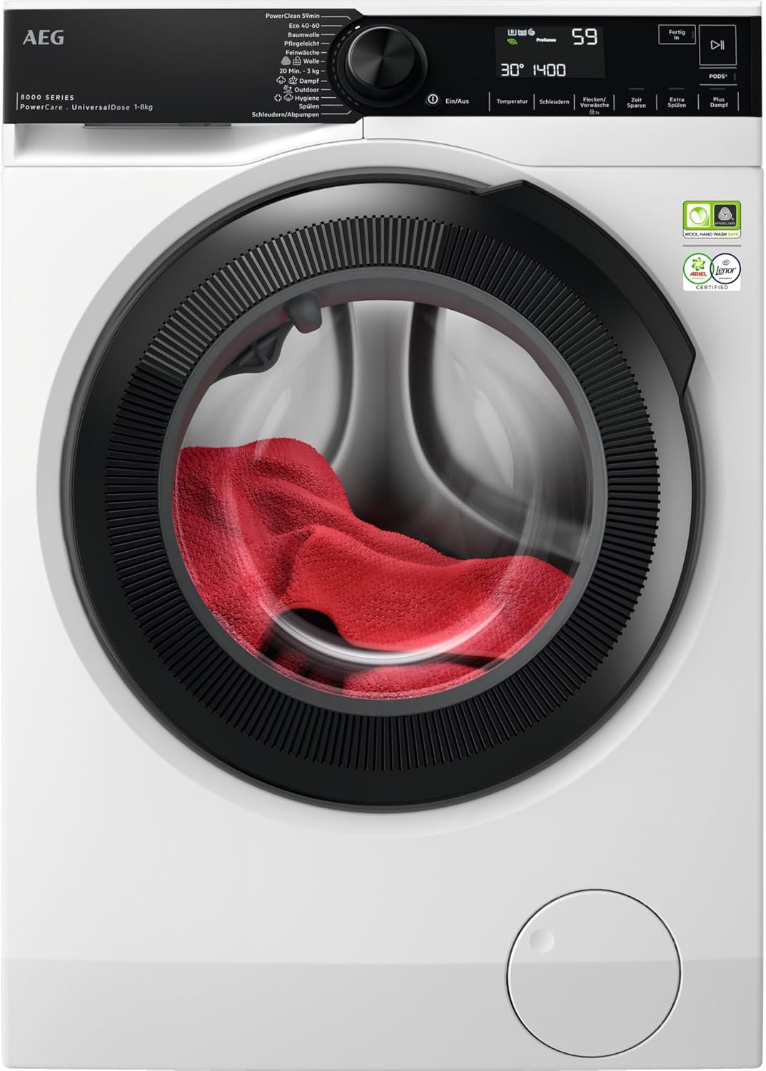 AEG Washing Machine - Series 8000 PowerCare Fibre Protection - Universal Box Drawer for PODS - Refresh & Refill Function - 8 kg - Quiet - Automatic Volume - 1400 rpm - Full Water Stop - LR8EG75480