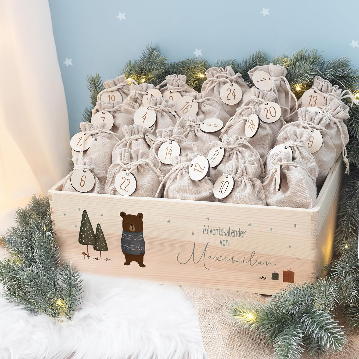 Personalized Advent Box - Advent Calendar 2024 Children Made of Wood with Name - Watercolor Print Calendar DIY - Christmas Calendar for Children - Hello Mini (Bear Print)