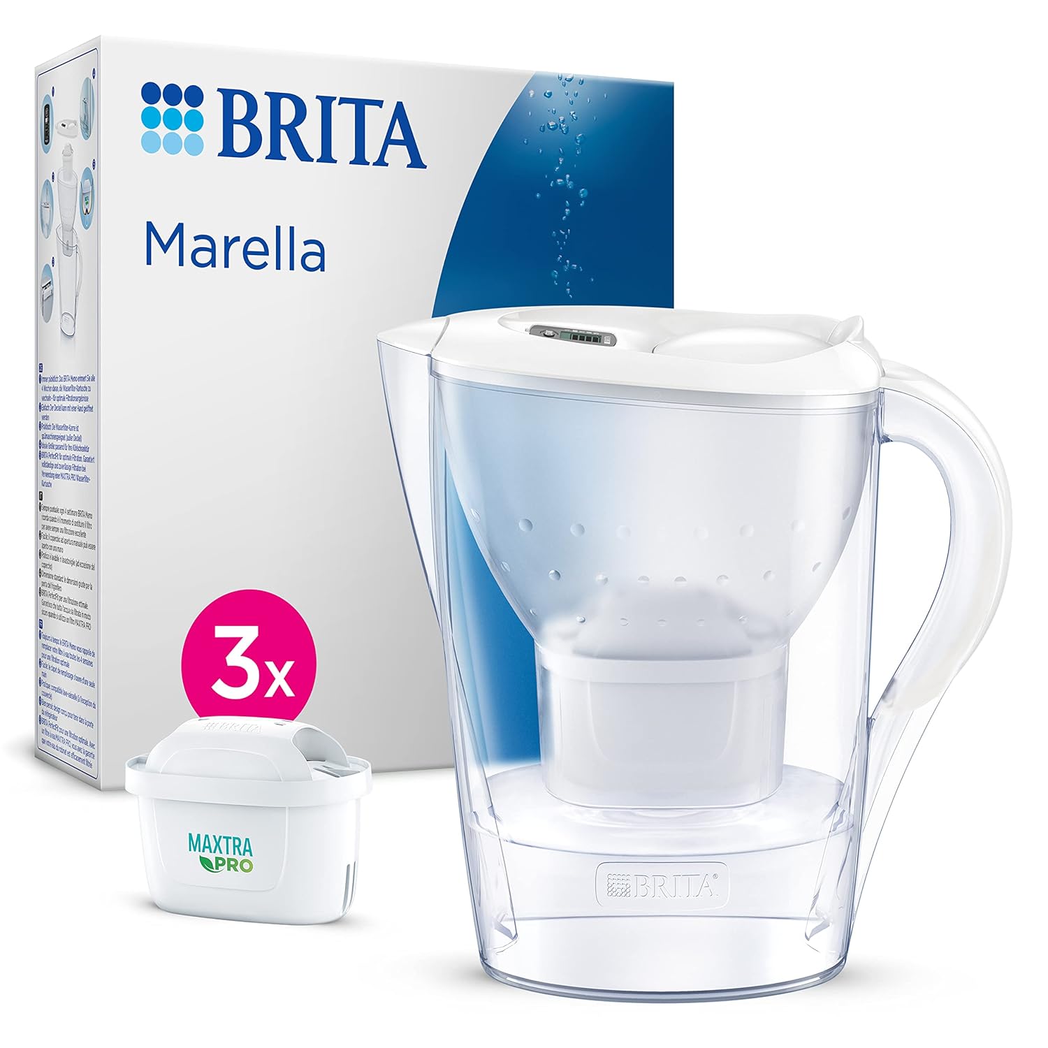 BRITA Marella Water Filter Jug White (2.4 L) Including 3 x Maxtra Pro All-in-1 Cartridges - Jug with Water Filter Reduces Limescale, Chlorine, Lead, Copper & Taste-Disturbing Substances in Tap Water