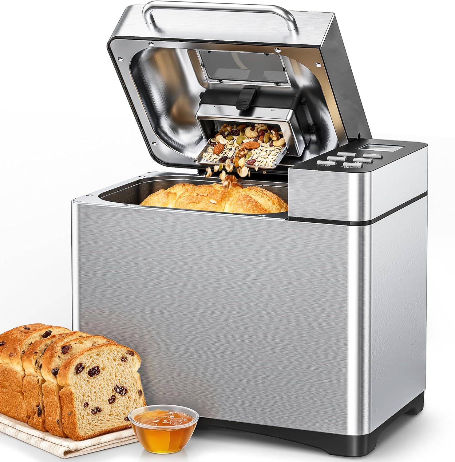 JUMMICO 19-in-1 Bread Maker with Automatic Addition and Stainless Steel Casing, 1 kg Capacity (3 Sizes), 3 Crust Levels, Keep Warm, Timer Start, Easy to Use, Gluten-Free, Yoghurt