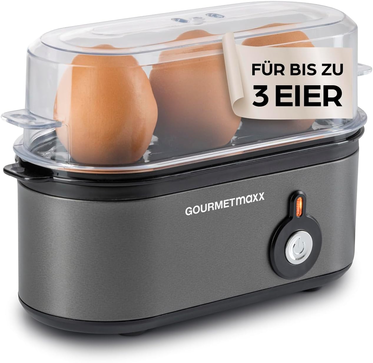 GOURMETmaxx Egg Cooker for 3 Eggs | Egg Boiler with Egg Cutter in Measuring Cup | Egg Cooker - 3 Hardness Levels for Your Egg Cup | Small Egg Cooker Design - Dishwasher Safe Parts