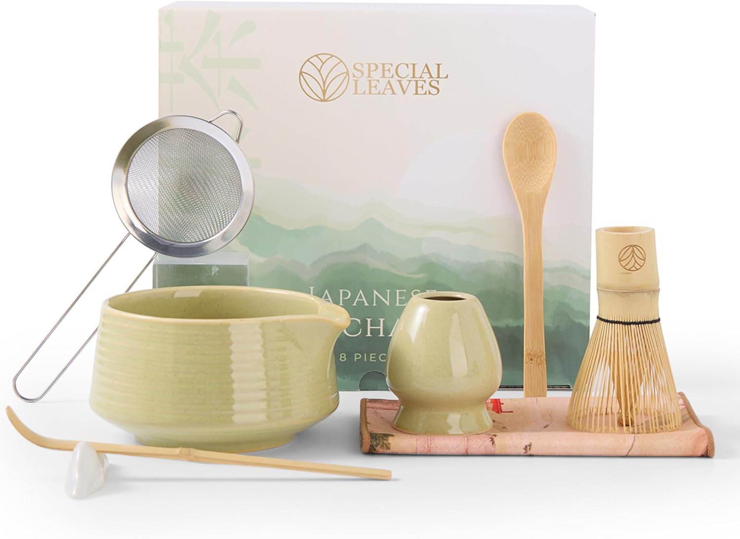 Matcha Set - Green - 8-Piece Matcha Tea Set - Matcha Broom, Bowl, Spoon, Scoop, Strainer, Holder & Accessories - Premium Matcha Kit for Matcha Lovers