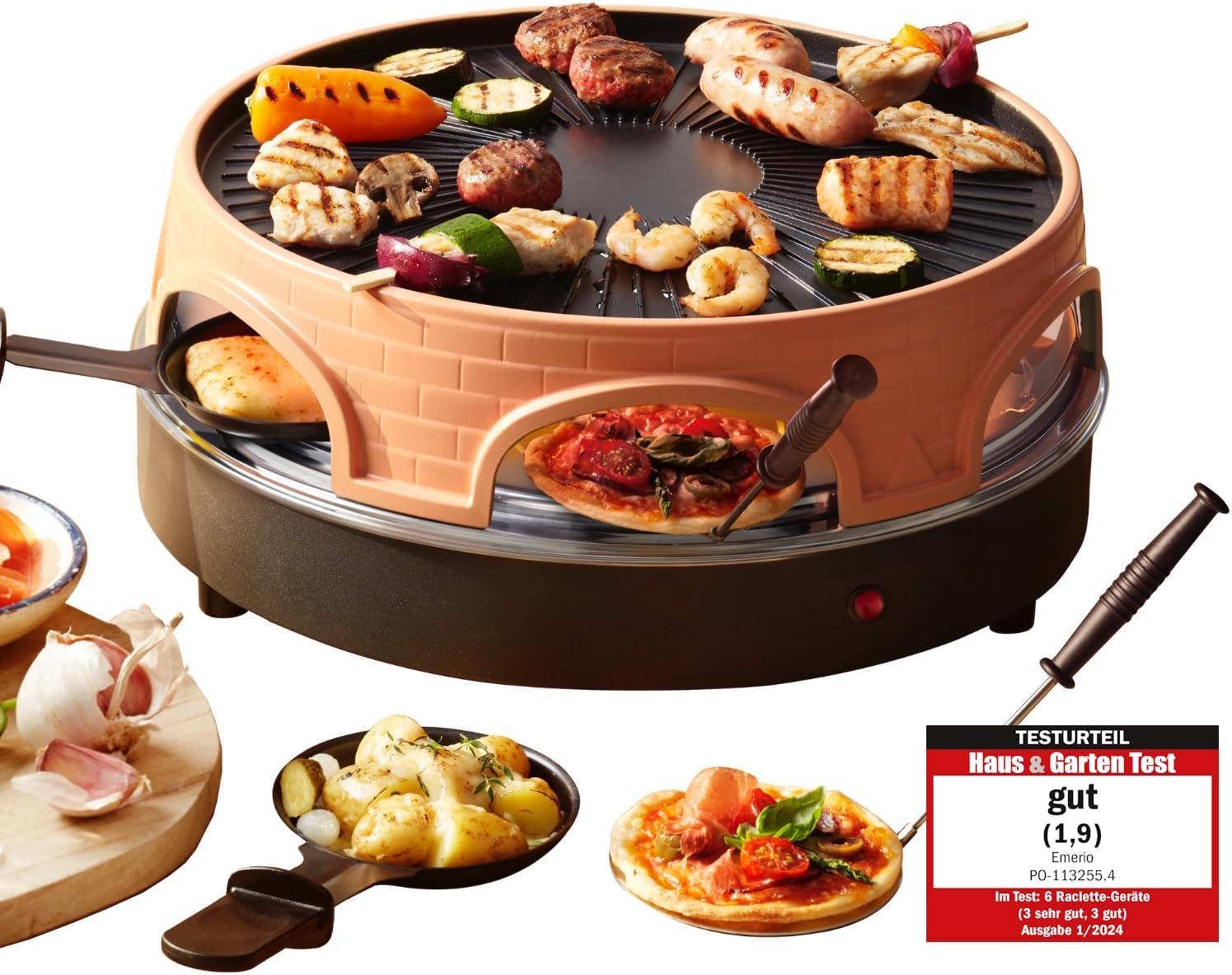 Emerio Pizza Oven, PIZZARETTE the Original, 3 in 1 Pizza-Raclette Grill, patented design, for mini pizzas, real family fun for 6 people, PO-113255.4