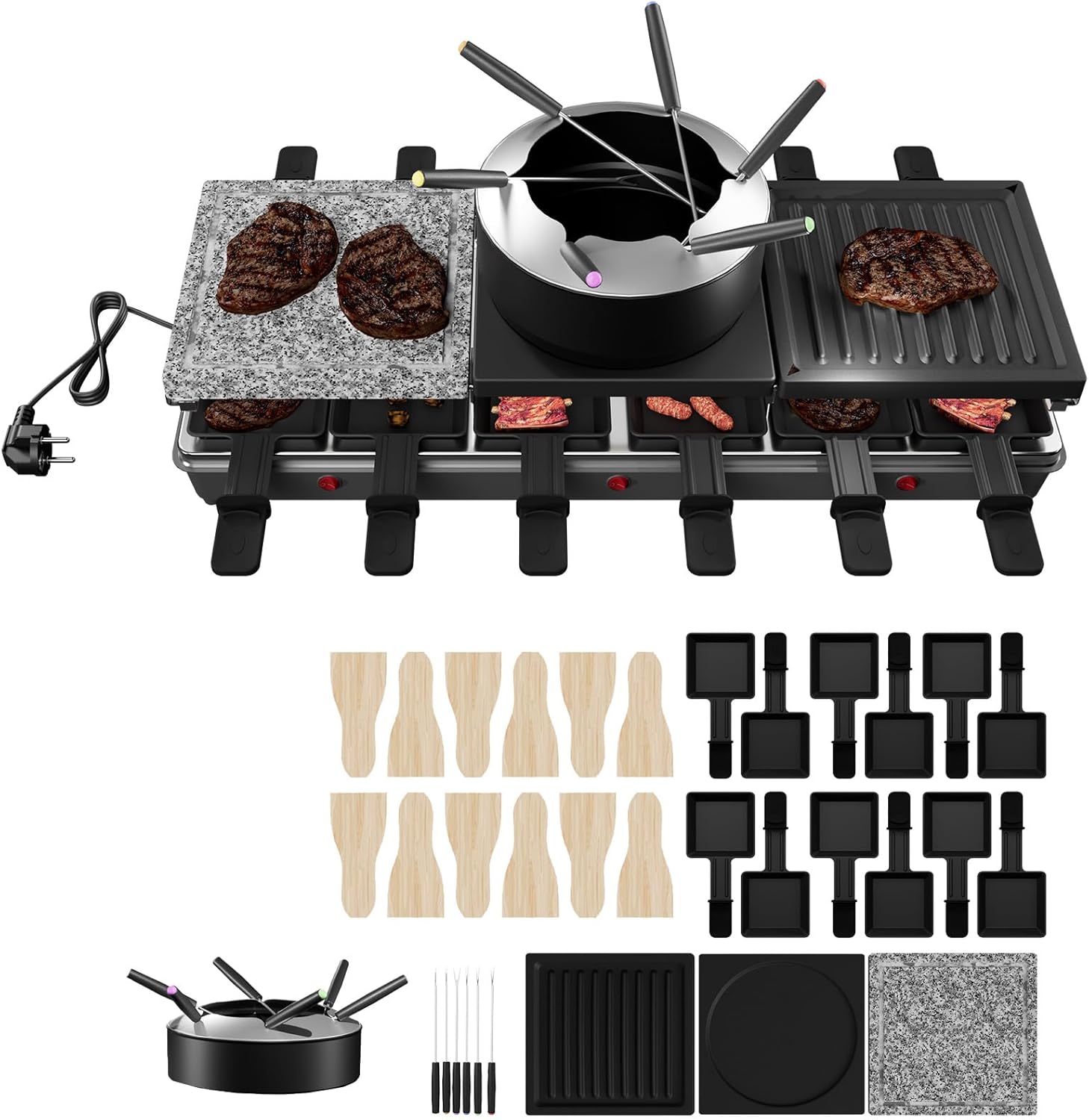 Raclette Grill with Fondue for 12 People, 1650 W, Double and Triple Heat Settings, Natural Grill Stone & Non-Stick Grill Plate, Table Grill with 12 Pans, Fondue Set, Electric Party Grill