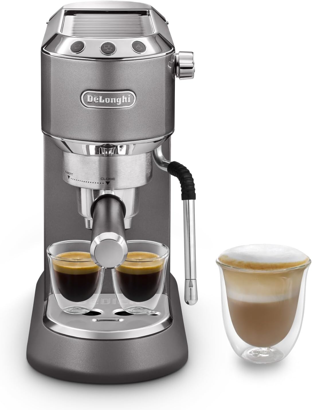 De'Longhi Store De\'Longhi Dedica Arte EC 885.​GY, Espresso Portafilter Machine, Espresso Machine with MyLatterArt Milk Foam Nozzle, Compact Design, 15 cm Wide, 1 Litre Water Tank, Suitable for E.S.E Pads, Grey