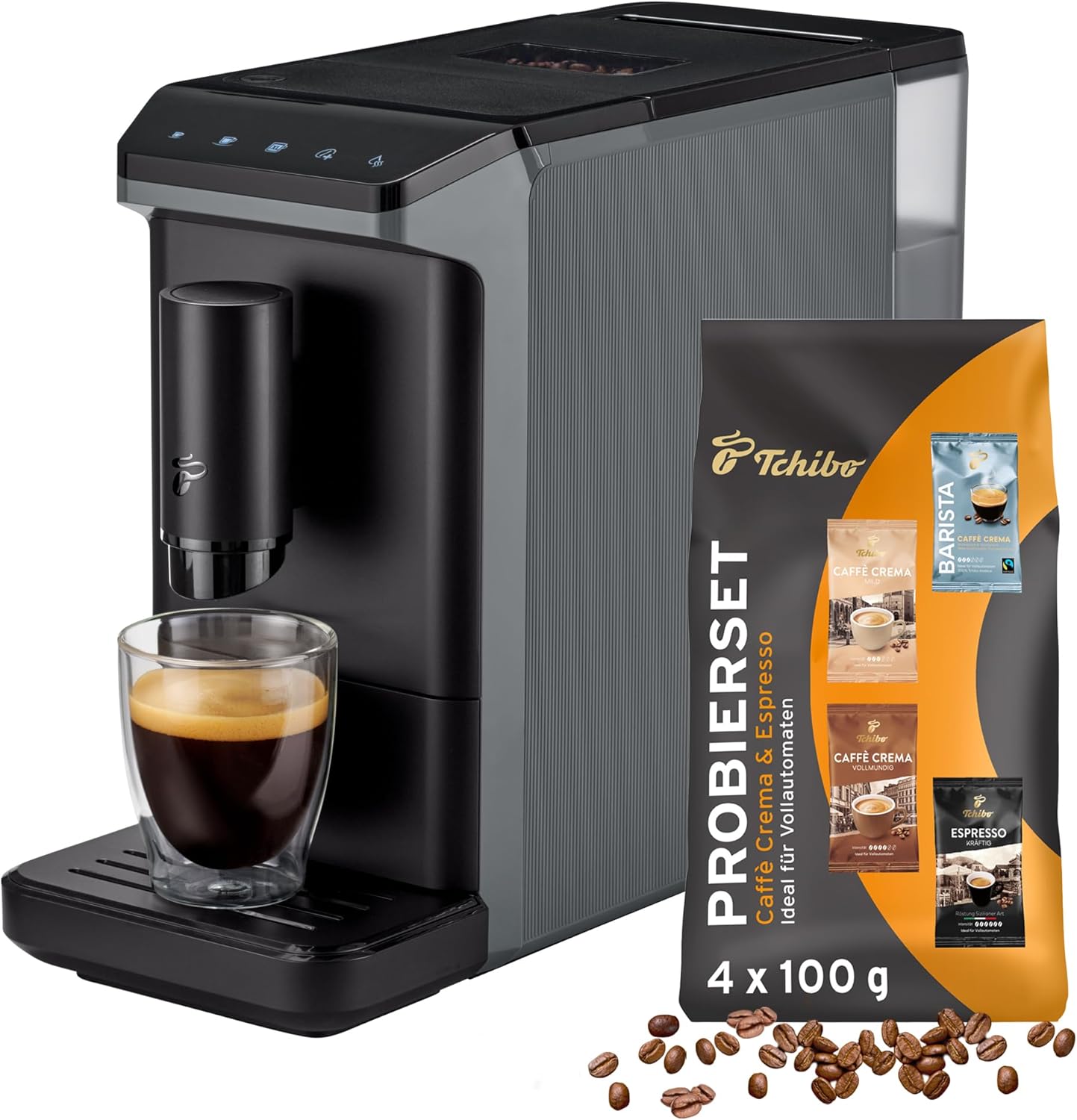 Tchibo Esperto Mini Fully Automatic Coffee Machine for Caffè Crema and Espresso, Only 16 cm Wide, Small and Compact, Suitable for Any Kitchen, Camping, Student Apartment, Gray - Includes Coffee