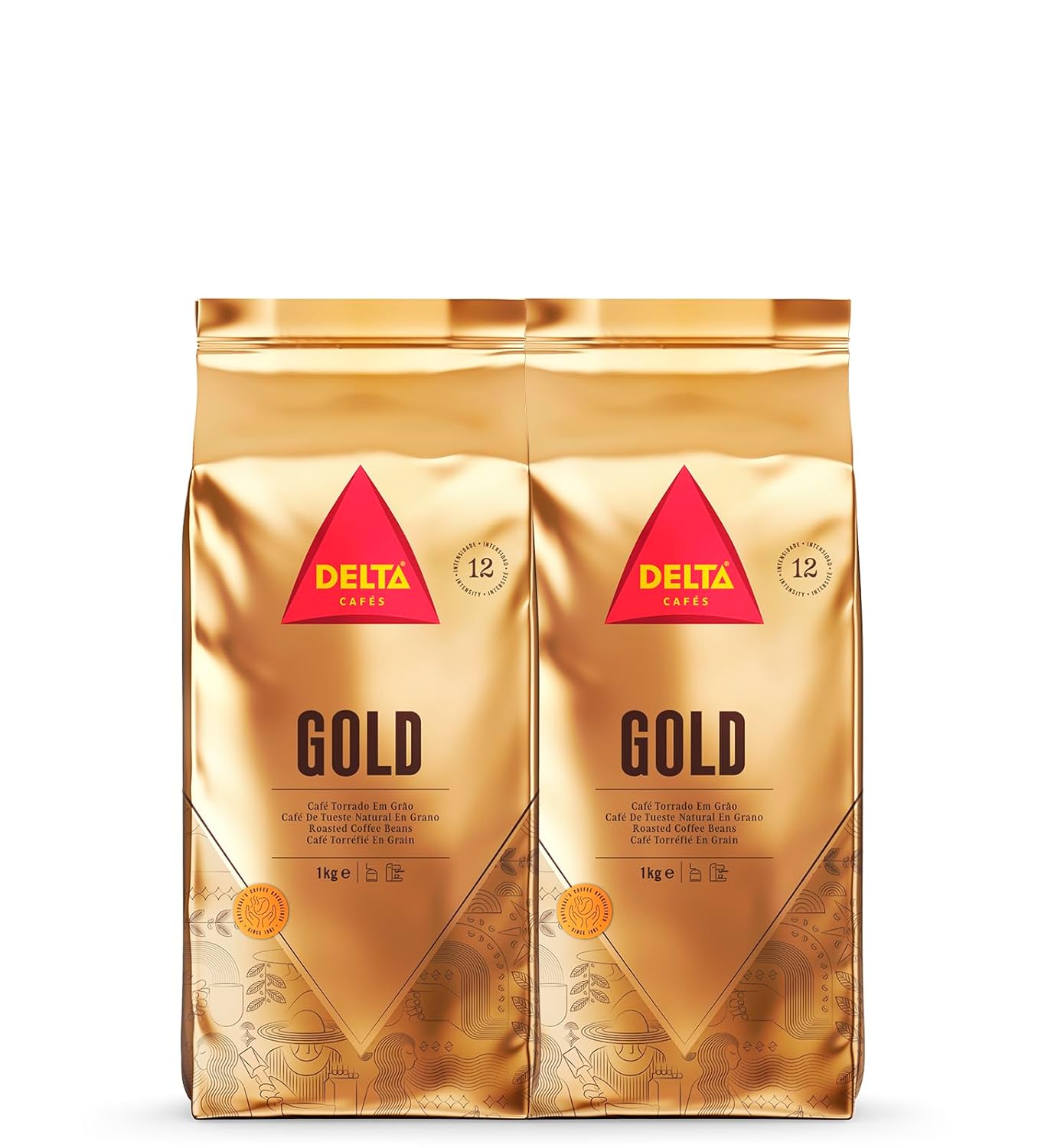 Delta Cafés - Coffee beans gold - 2 packets of 1 kg - intensity 12 - full-bodied Arabica roasted coffee bean mix - very aromatic with notes of honey and ripe fruits