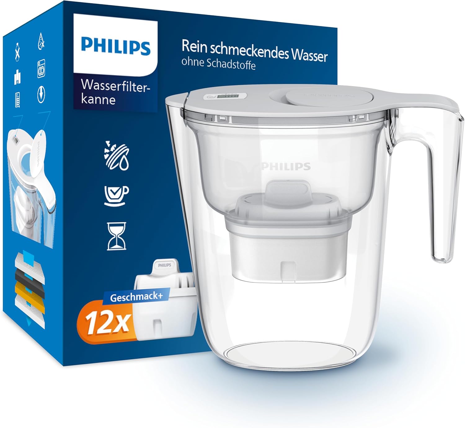 Philips Water Filter Jug + 12 Micro X-Clean Replacement Filter Cartridges, Fast Flow, White, 2.6 Liters, Electronic Timer