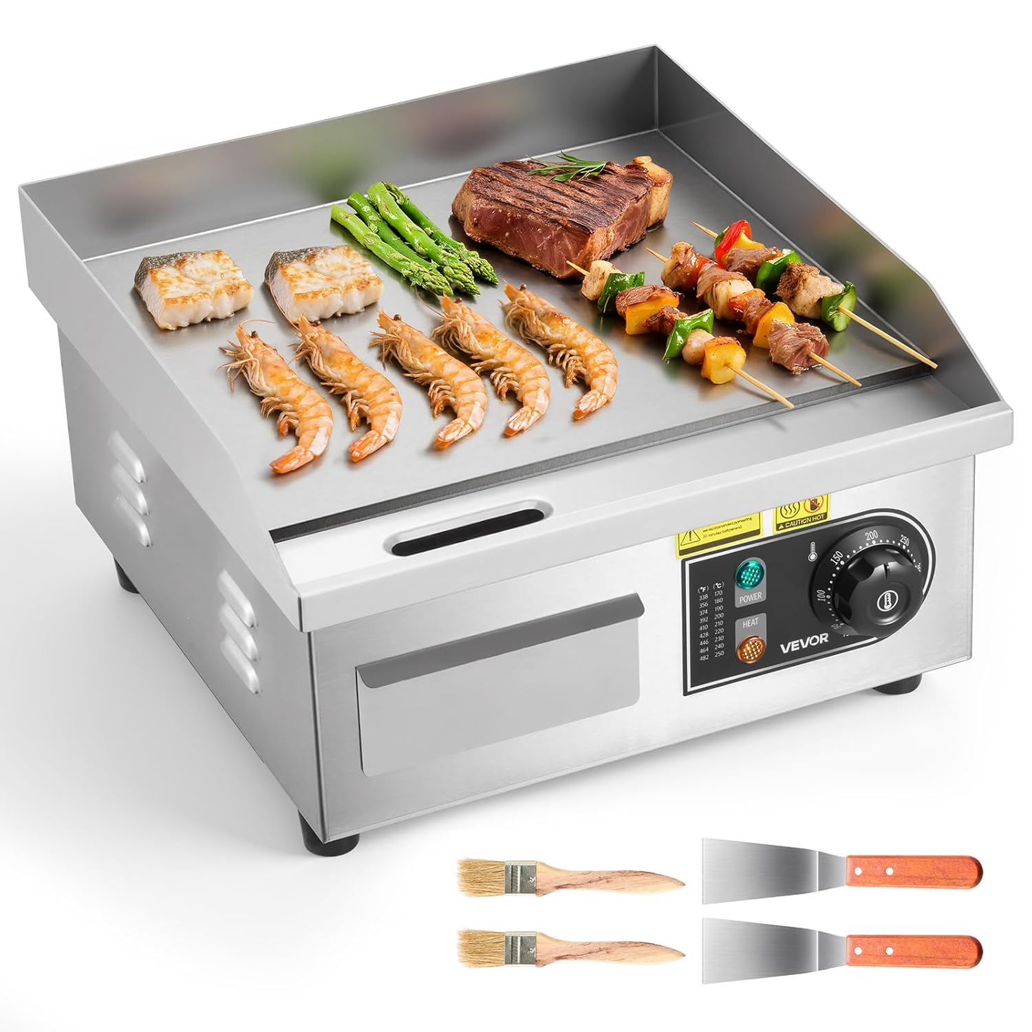 VEVOR Store VEVOR Electric Grill Plate 2000W 355 x 300mm (Grill Area) 50-300°C Stainless Steel Gastro Griddle Plate (Casing) Table Grill Plate with 2 Spatulas & 2 Brushes & 4 Foot Pads for Steaks Pancakes