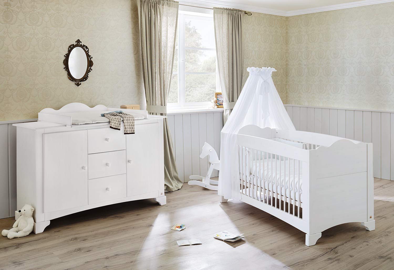 Pinolino Pino Children\'s Bed with Slatted Frame and Changing Table Including Changing Unit for Babies and Toddlers Made of Solid Pine Varnished White