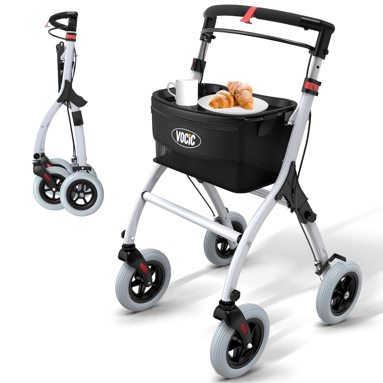 VOCIC Store VOCIC Z32 Slim Rollator for Home, Indoor Walker, Foldable and Lightweight, Sturdy Home Rollator with Super Quiet Non-Slip Tyres, Walkers for Seniors, Folding Tray, White
