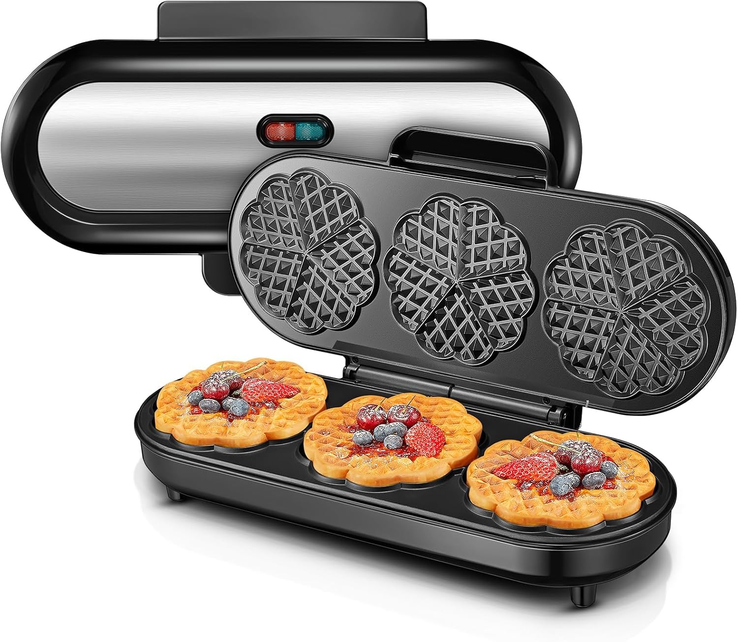 FOHERE King Size Waffle Iron, 15 Heart Waffles in 2 Minutes, Heart Waffle Iron with 3 Non-Stick Baking Surfaces for Classic Heart Wafers, Baking Tray, Stainless Steel, Ideal for Family & Party (Silver