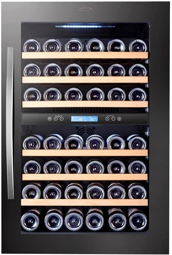 LV46 Built-in Wine Fridge - Wine Climate Cabinet with 2 Zones, Full Glass Design Door, 46 Bottles, Adjustable Zones from 5-20°C, Compressor Cooling, 41dB Operating Volume and RVS Handle