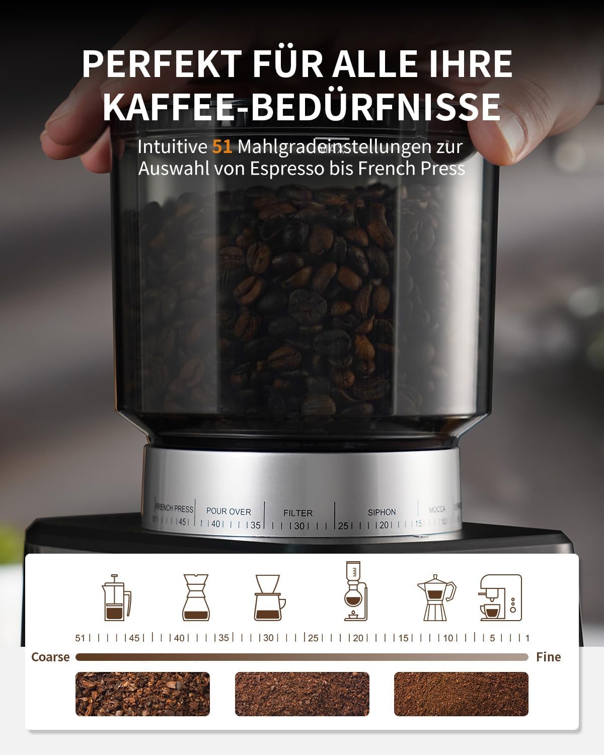 SHARDOR Electric Coffee Grinder, 51 Levels Evenly, Fine Grinding Adjustable Coffee Grinder with 2 Sizes of Handle Holders, Programmable Cups/Time, Cone Grinder, Antistatic, 165 W