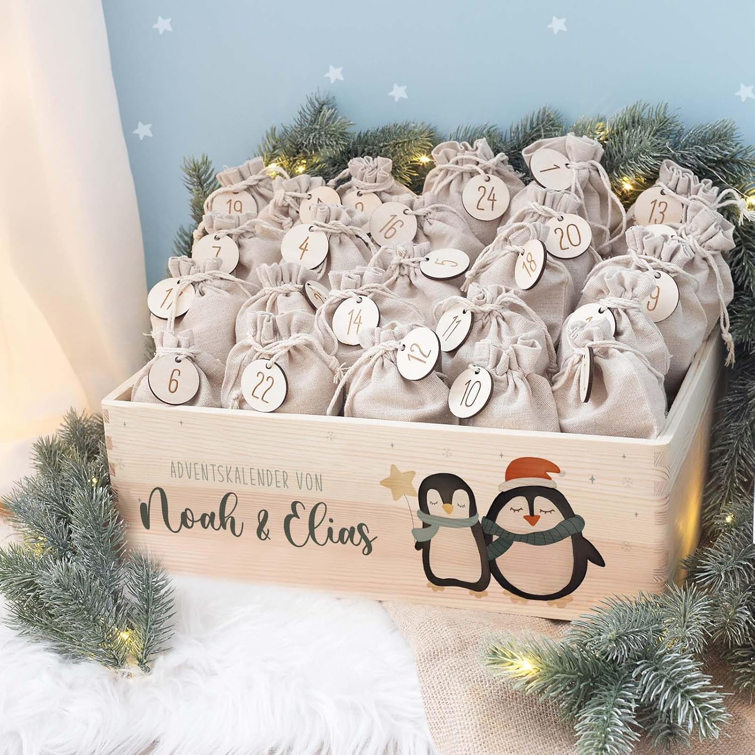Personalized Advent Box - Wooden Advent Calendar with Name - Engraving Calendar DIY for Siblings - Christmas Calendar for Children - Hello Mini (Penguins Siblings / Couples)