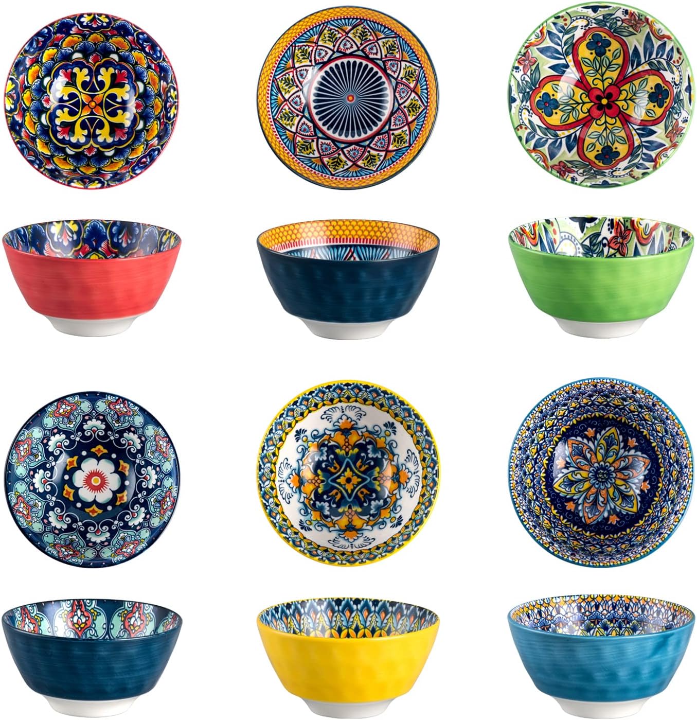 HENXFEN LEAD Dessert Bowls, Snack Bowls, 360 ml, Porcelain Salad Bowl, Ceramic Bowl for Ice Cream, Rice, Dessert, etc., Colourful, Pack of 6 - Bohemian Style