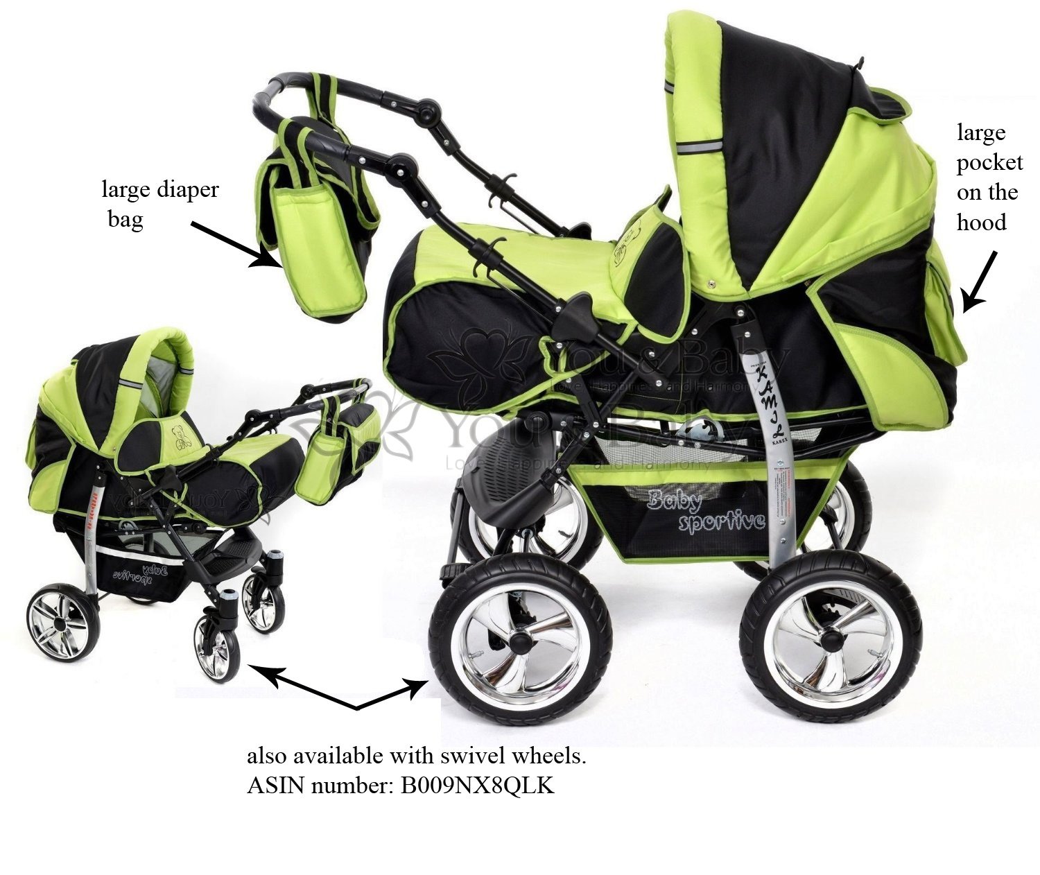 Baby Sportive B0095WKPIG Schwarz-weiße Blumen Kamil, Kombikinderwagen set - incl. Kinderwagen 3 in 1 mit Zubehör, Babyschale und Sportwagen Aufsatz. System mit RÄDER NICHT SCHWENKBAR