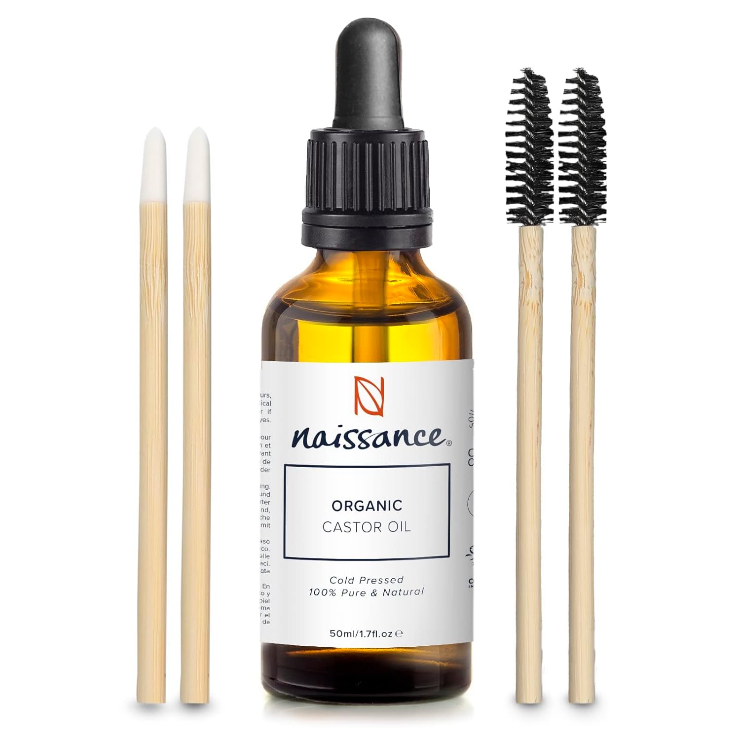 Naissance Organic Castor Oil (No. 217) - 50ml with Bamboo Mascara Stick - Pure, Natural, Cold Pressed - for Eyebrows, Eyelashes, Hair, Beard, Nails, Skin