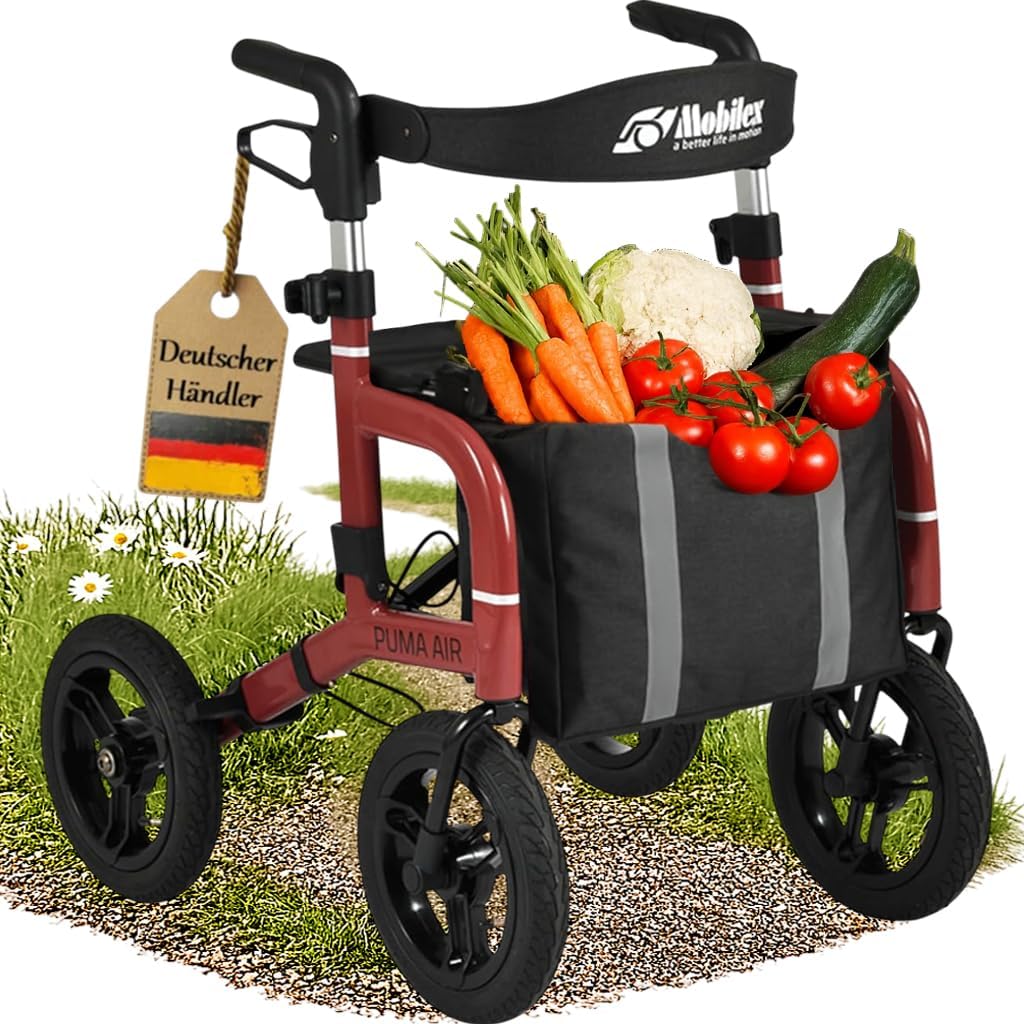 FabaCare Puma Air Outdoor Rollator with Full Equipment Parking Brake, Lightweight Rollator, Aluminum Rollator, Pneumatic Tires, Foldable, Removable Bag, Back Strap, Stick Holder, Drink Holder, Red