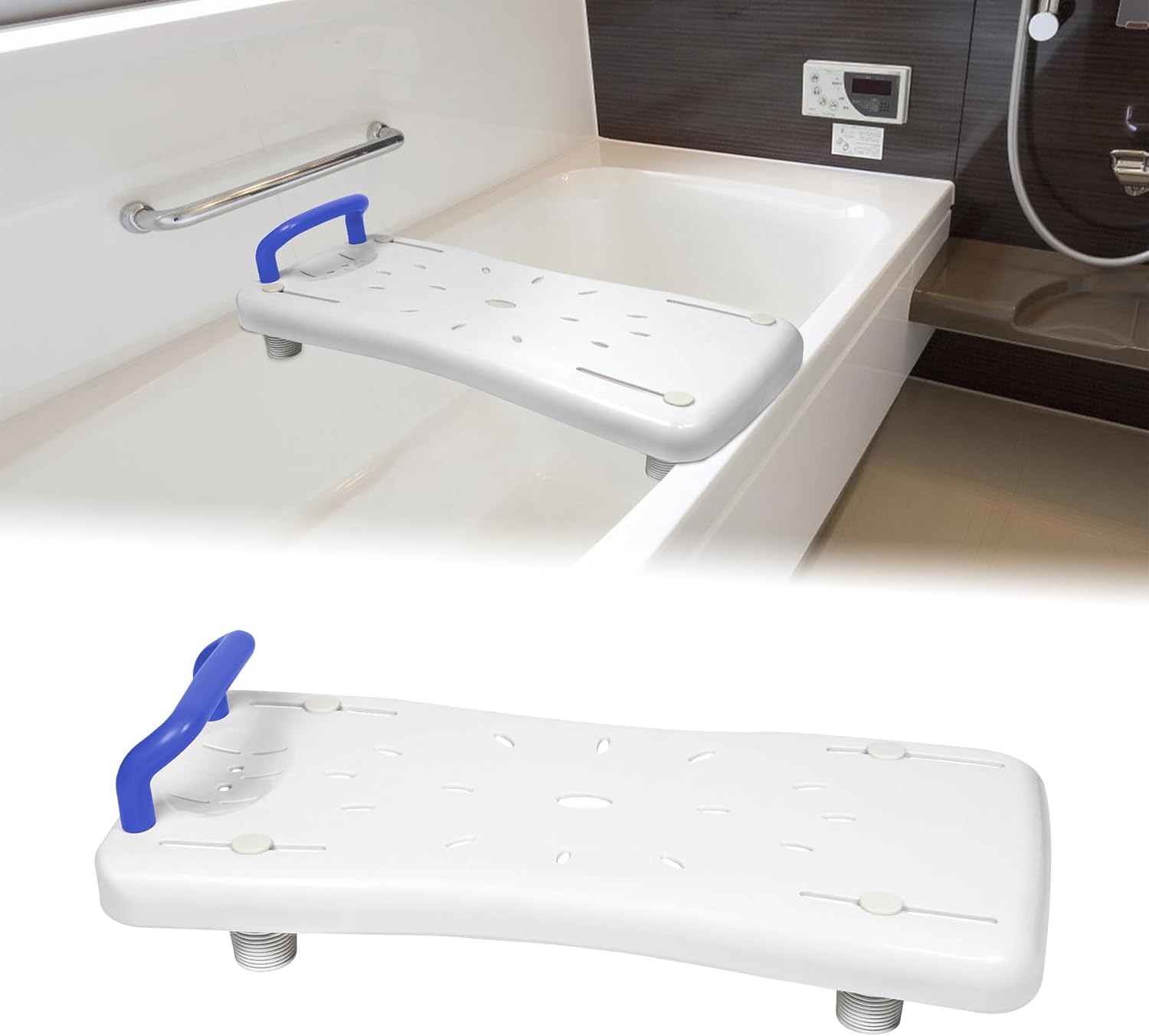UISEBRT Store UISEBRT Bath Board Bath Seat for Seniors, Seat Board for Bathtub, Bath Seat with Handle and Soap Tray, Length 70 cm, White and Blue