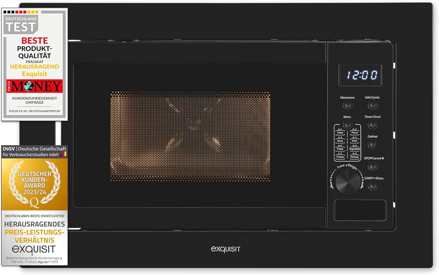 Exquisit Built-in microwave EMW20-DG-020 black, 800 W power, 1000 W grill, 8 car cooking programs, turntable 27 cm, built-in device, stainless steel cooking chamber