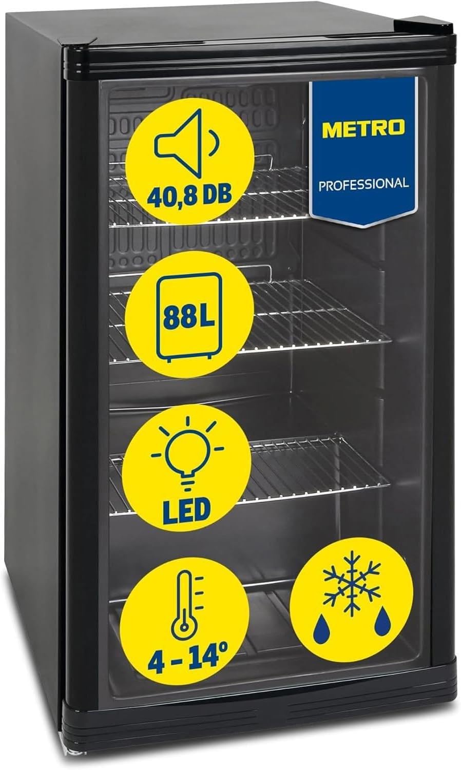 METRO Professional Mini Fridge GPC1088 88L 1052kWh / 24h 3 Stainless Steel Wire Shelves Black