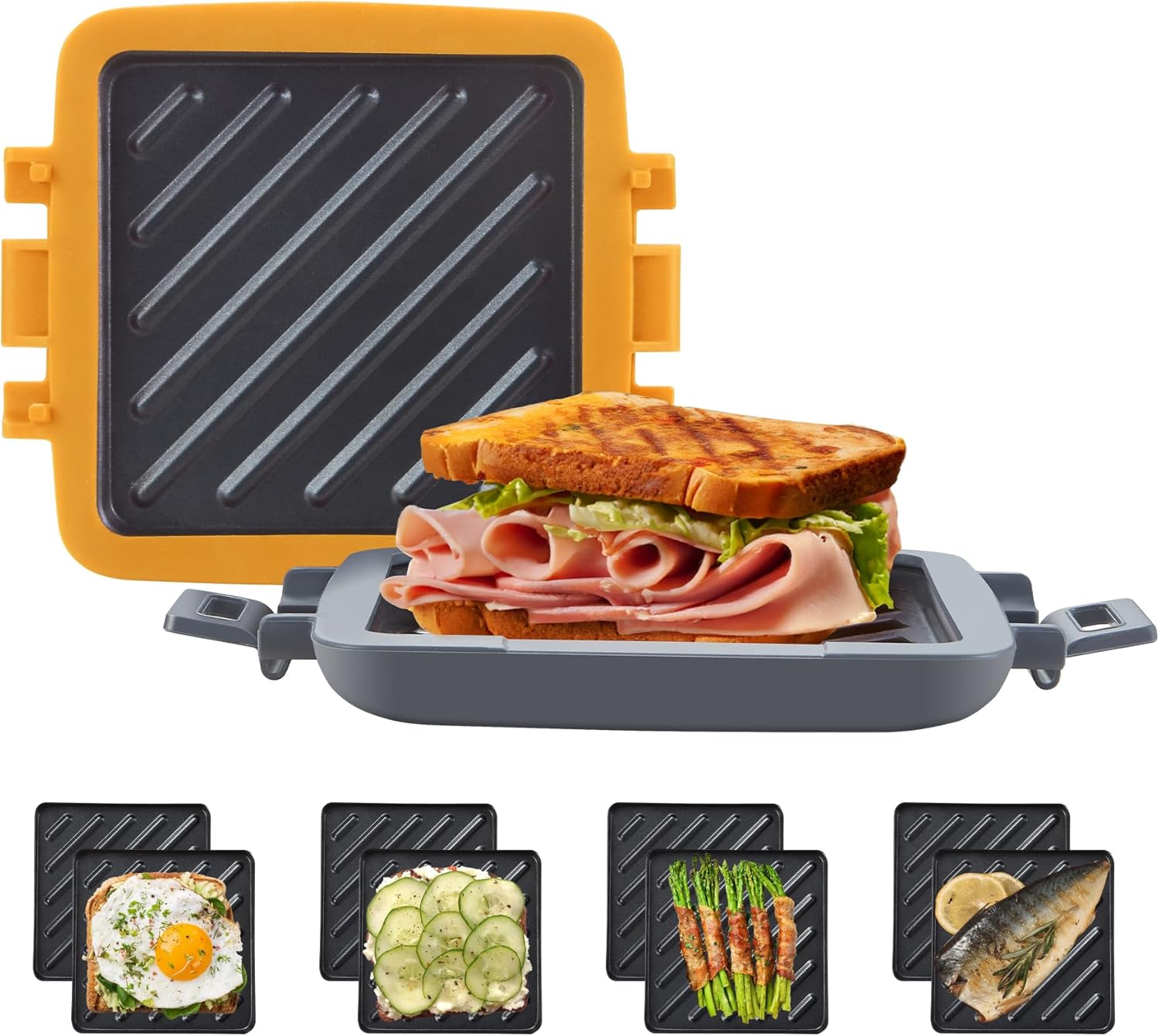 Sandwich Maker, Sandwich Toaster for Microwave, Non-Stick Sandwich Toaster, Panini Sandwich Plates, Wireless, Orange
