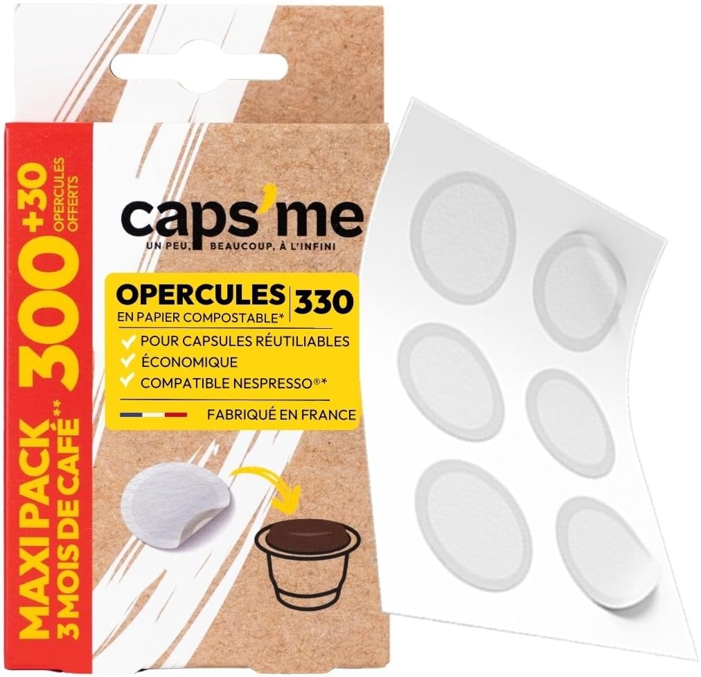 Caps Me - 300+30 Free Compostable Paper Caps for Reusable Nespresso Capsules, Compatible with All Nespresso Refillable Pads