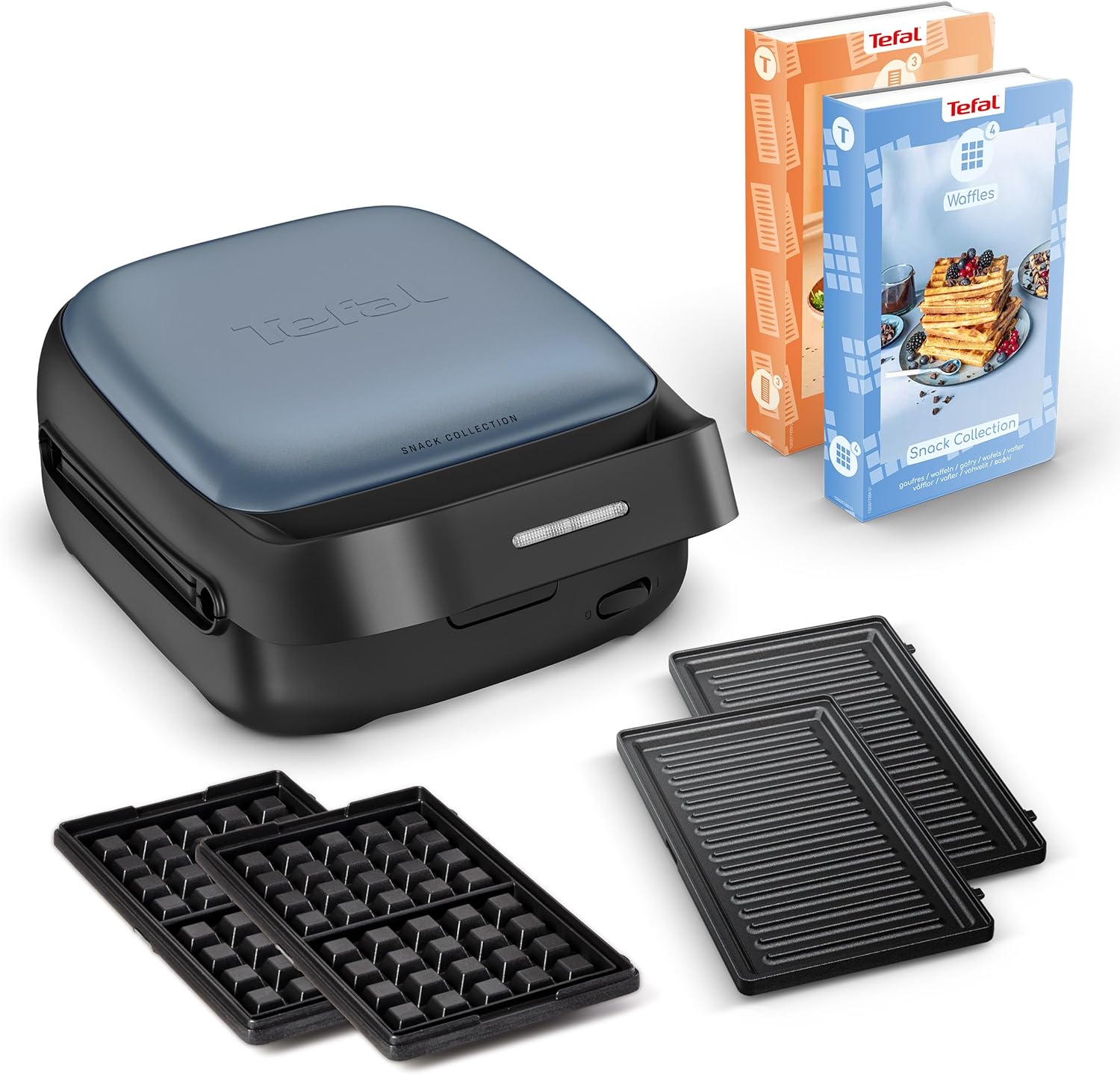 Tefal Snack Collection SW8674F0 700W Sandwich and Waffle Iron, 2 Included Removable Plate Sets, Non-Stick Coating, Space Saver, Includes Recipe Books, Black/Blue