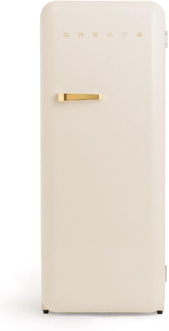 CREATE Retro Friend 150 Gold Fridge Freezer 281 L in Cream White, Gold Handle / 102 W, Low Energy Consumption, 150 cm, 3 Shelves, Temperature Control, 60 x 60 x 150 cm