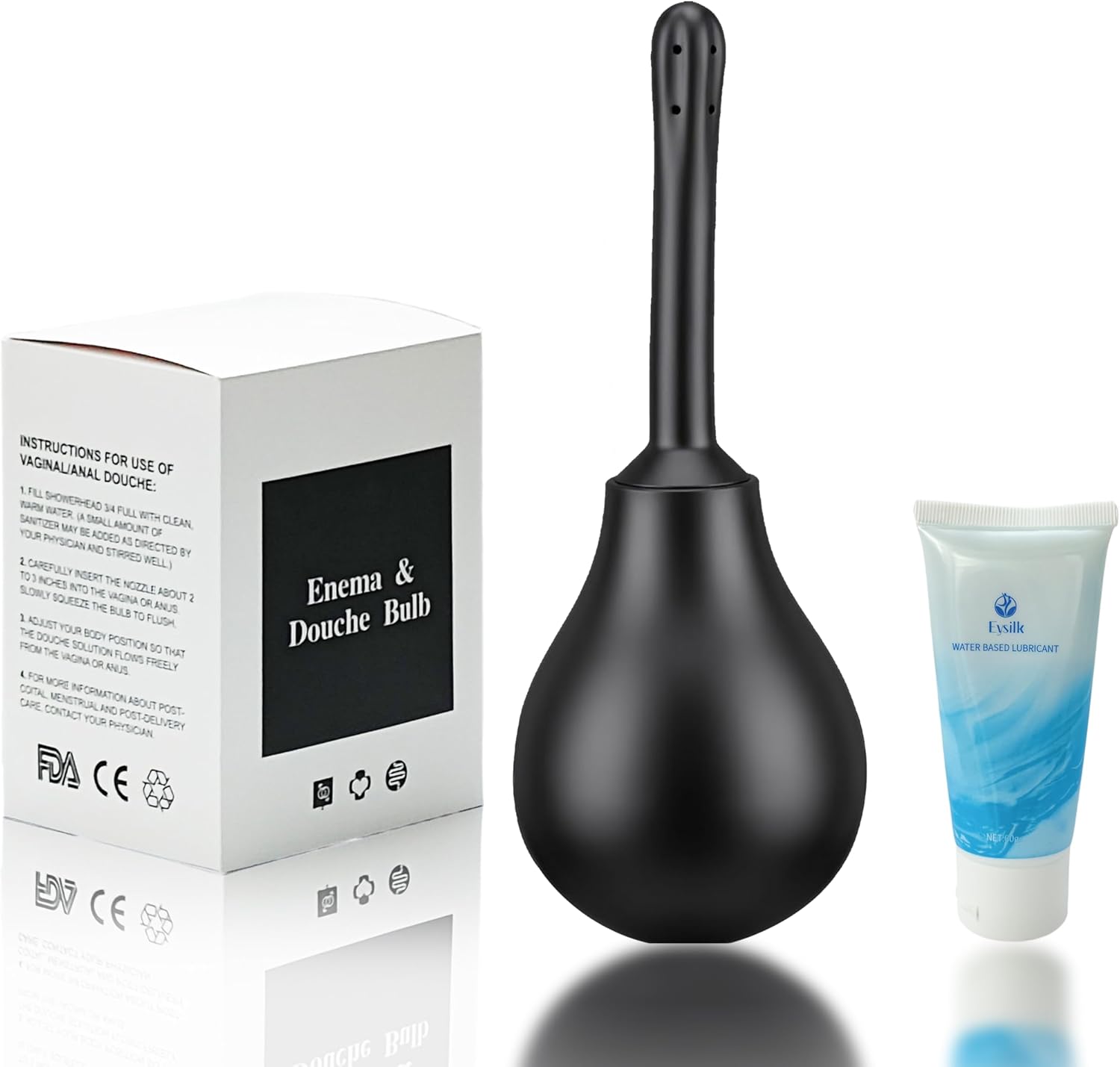 Silicone Shower 280 ml with Check Valve & 9 Shower Nozzles (1 Top + 8 Side) - Includes 60 g Lubricant & Storage Bag - For Intercourse, Intestinal Cleansing, Intimate Care - Connects to
