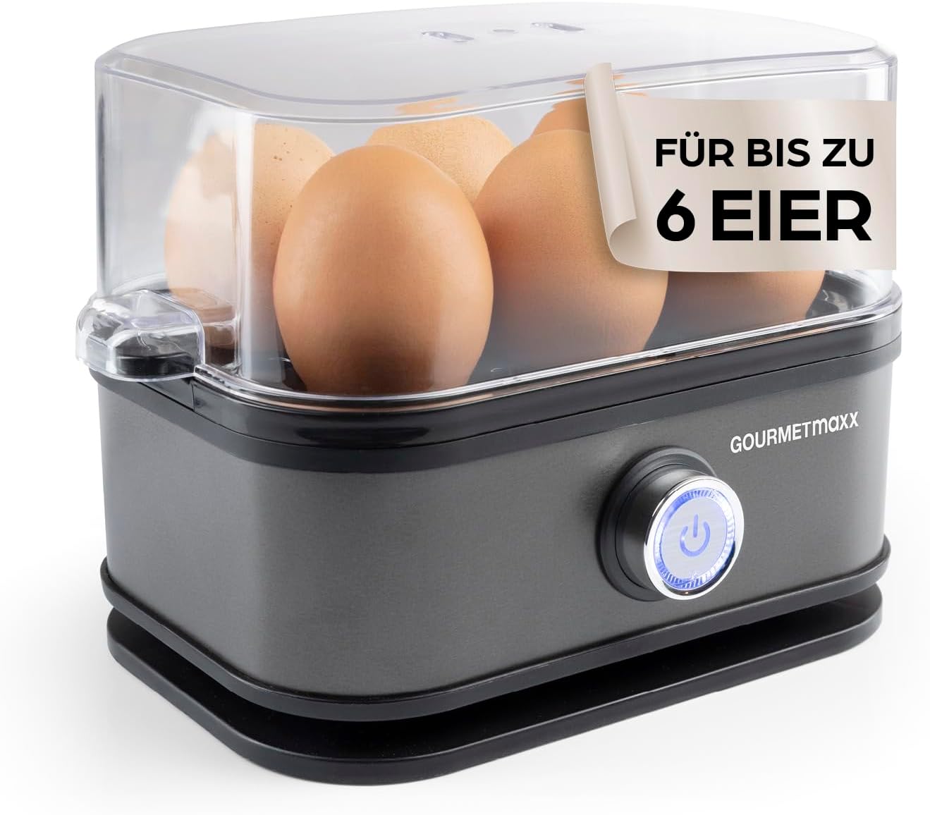 GOURMETmaxx Egg Cooker for 6 Eggs, Egg Boiler with Egg Cutter in Measuring Cup, Egg Cooker with 3 Hardness Levels, Suitable for Every Egg Cup, Egg Cooker Design, Anthracite, Dishwasher Safe Parts