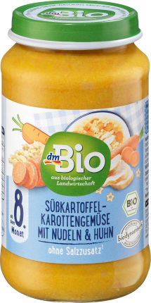 dmBio Menu Sweet potato-carrot vegetables with pasta and chicken, from the 8th month, Demeter, 220 g