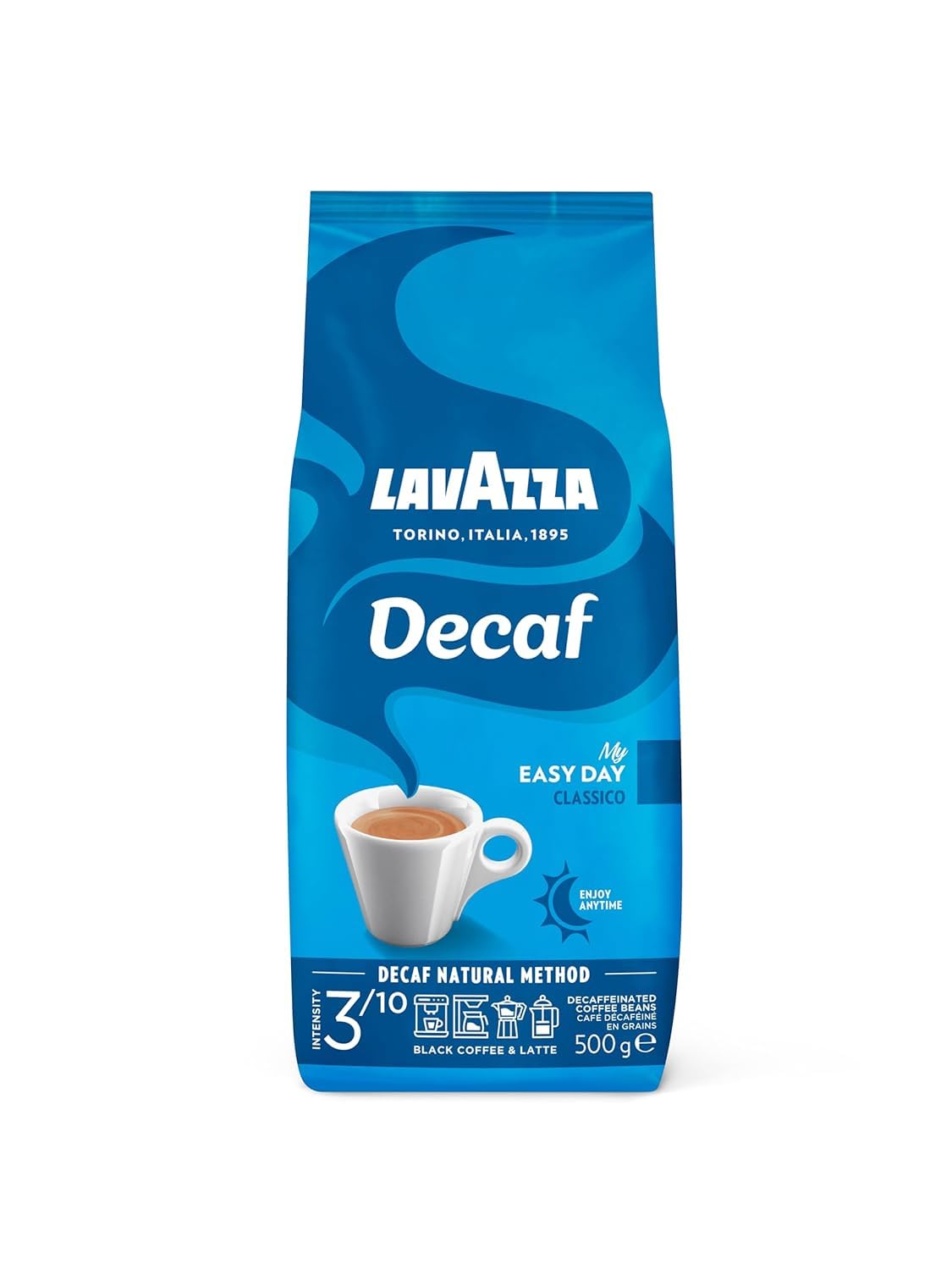 Lavazza, Decaf \"My Easy Day\" Decaffeinated Coffee Beans, Ideal for Black Coffee & Latte, with Honey Aroma Notes, 100% Arabica, Intensity 3/10, Medium Roast, 500 g