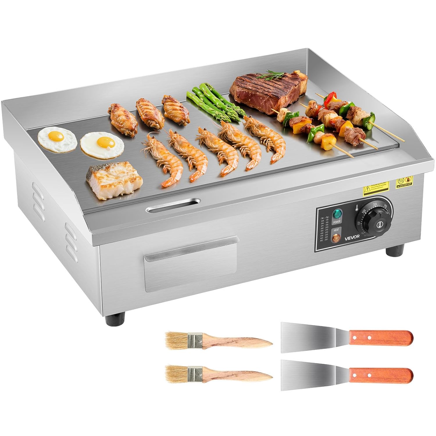 VEVOR Store VEVOR Electric Grill Commercial Grill Plate (535 x 300 mm) 3200W with 50-300°C Adjustable Temperature Control, Griddle Plate with 2 Spatulas & 2 Brushes & 4 Foot Pads for Steak