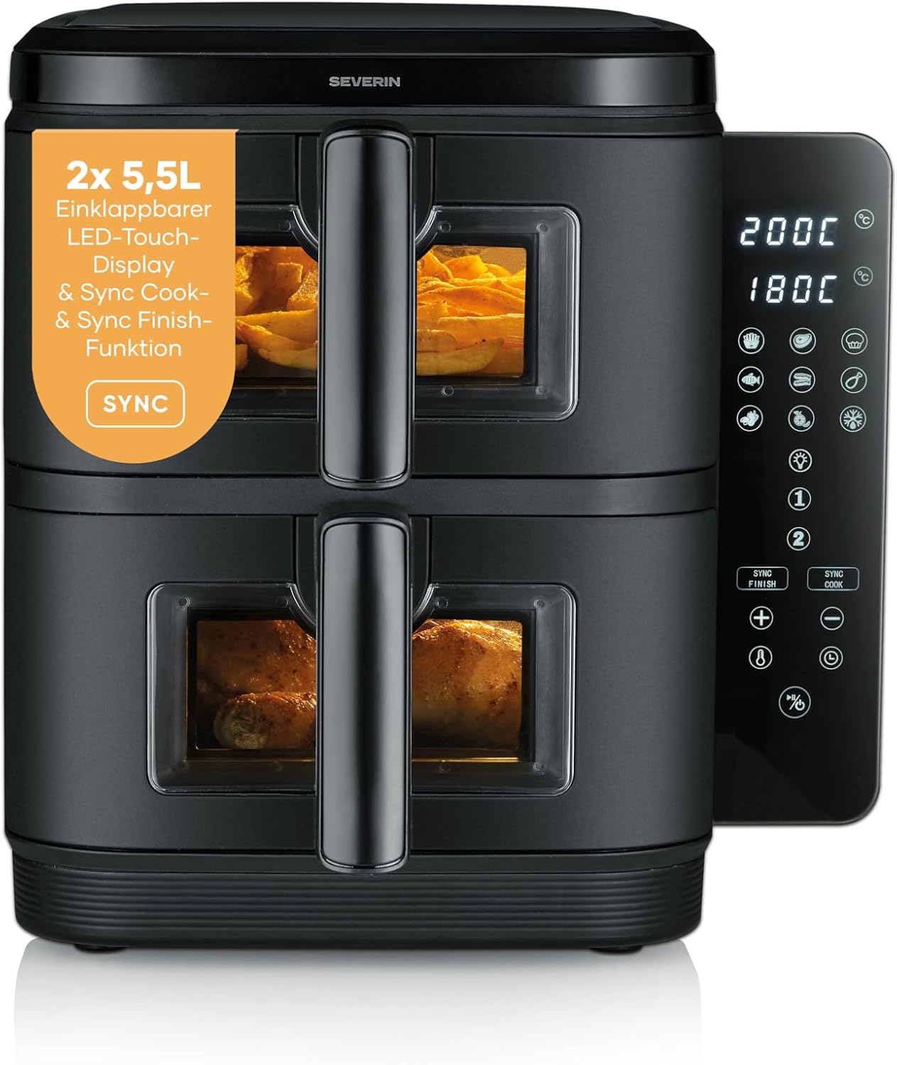 Severin Duo Stack FR 9598 Hot Air Fryer with 2 x 5.5 L Cooking Space, 2 Baskets, Healthy Cooking, 9 Automatic Programs, Fryer without Fat, Space-Saving Design, 9 Programs, S-Fry, 2800 W, Black
