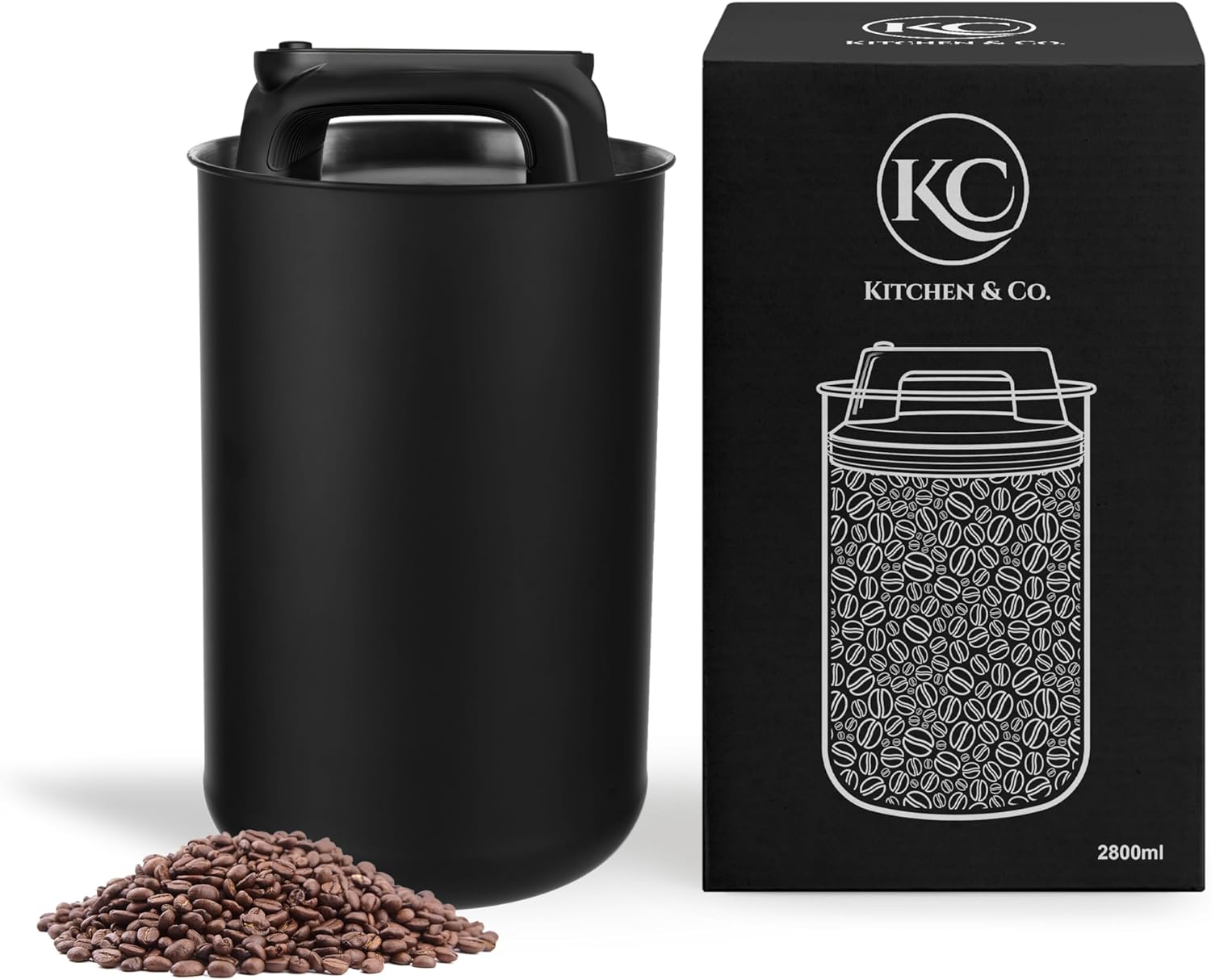 KC Kitchen & Co. Airtight Coffee Canister for 1 kg Coffee Beans - Stainless Steel Storage Jar with Vacuum Lid & Aroma Seal - Storage Jar for Coffee, Tea, Sugar, Cereal Black Matt (2800 ml)