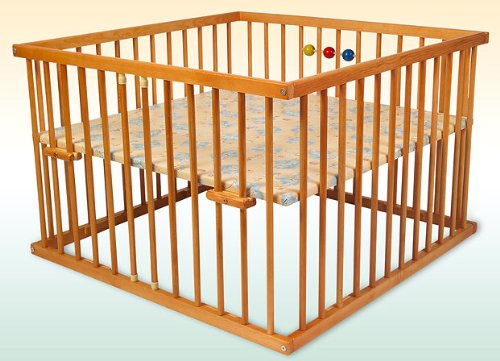 Kidsmax Kids Max Play Pen David 100x100 Colour Varnished Alder With Toy Balls, Cushion Base, Removable Bars, Adjustable Height and Wheels