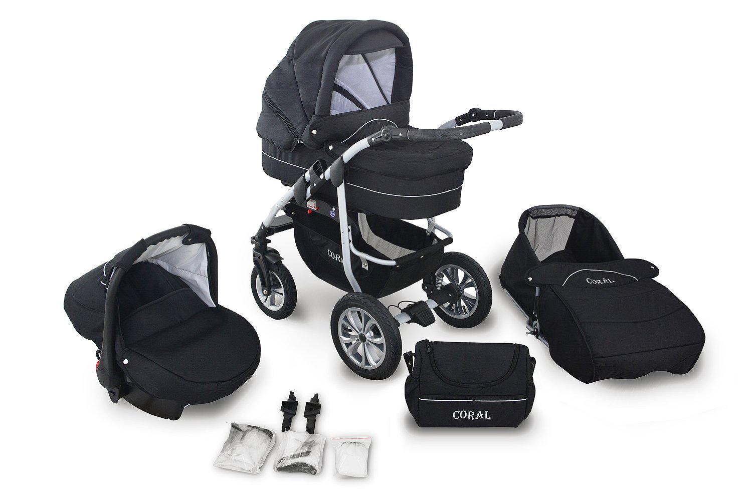 Clamaro \'CORAL 2019\' 3-in-1 Combi System (24 Colours) with Baby Cot, Sport Buggy and Car Seat (ISOFIX), Pneumatic Tyres, Adjustable Suspension 360° Swivel Wheels, Easy-Stop Brake  x-large