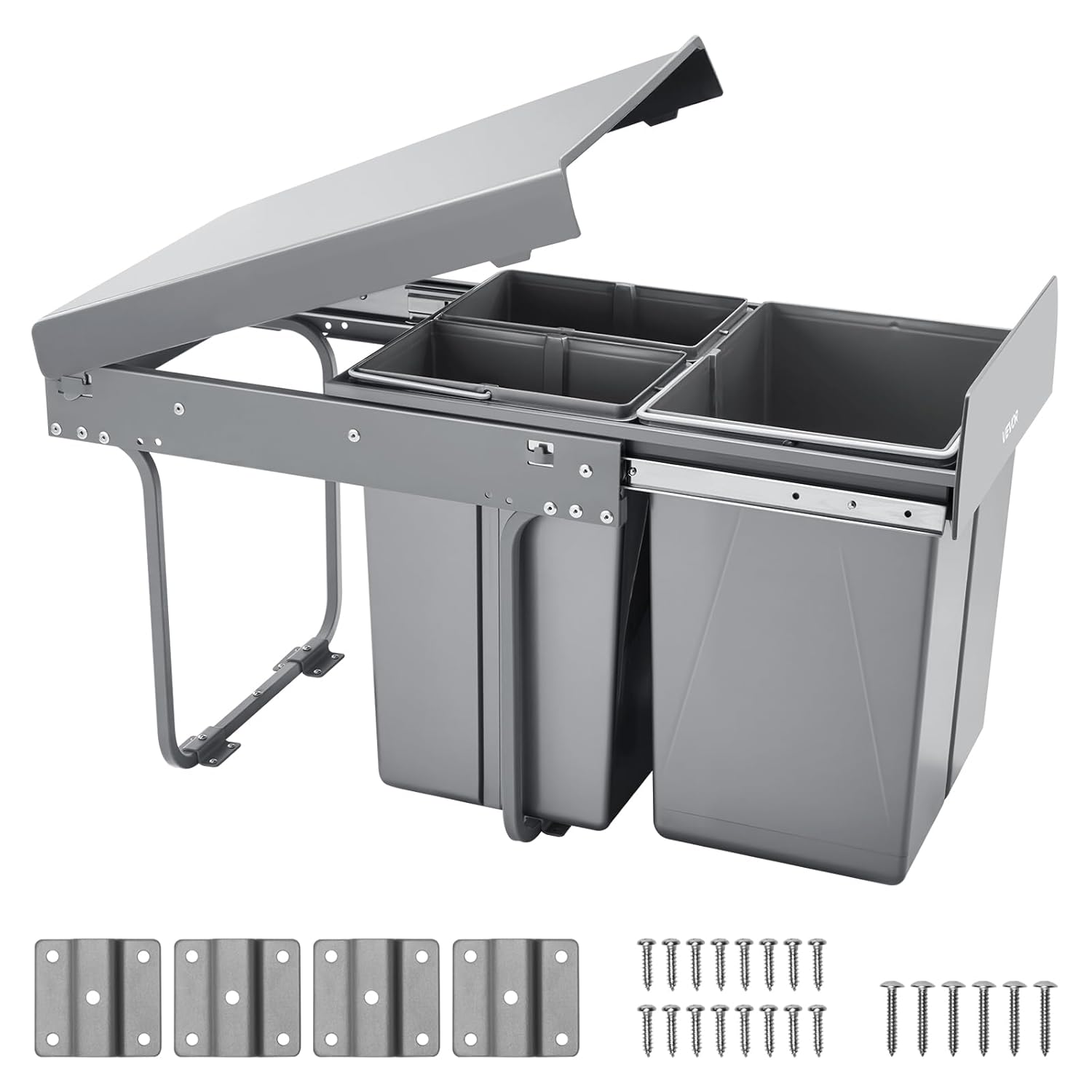 VEVOR Extendable Trash Can Waste Bin for Kitchen Cabinets (20+10+10L) Trash Can Under Sink, Kitchen Waste Bin for Under-Mounting, with Full Extension Sliding System Made of Metal and Handle